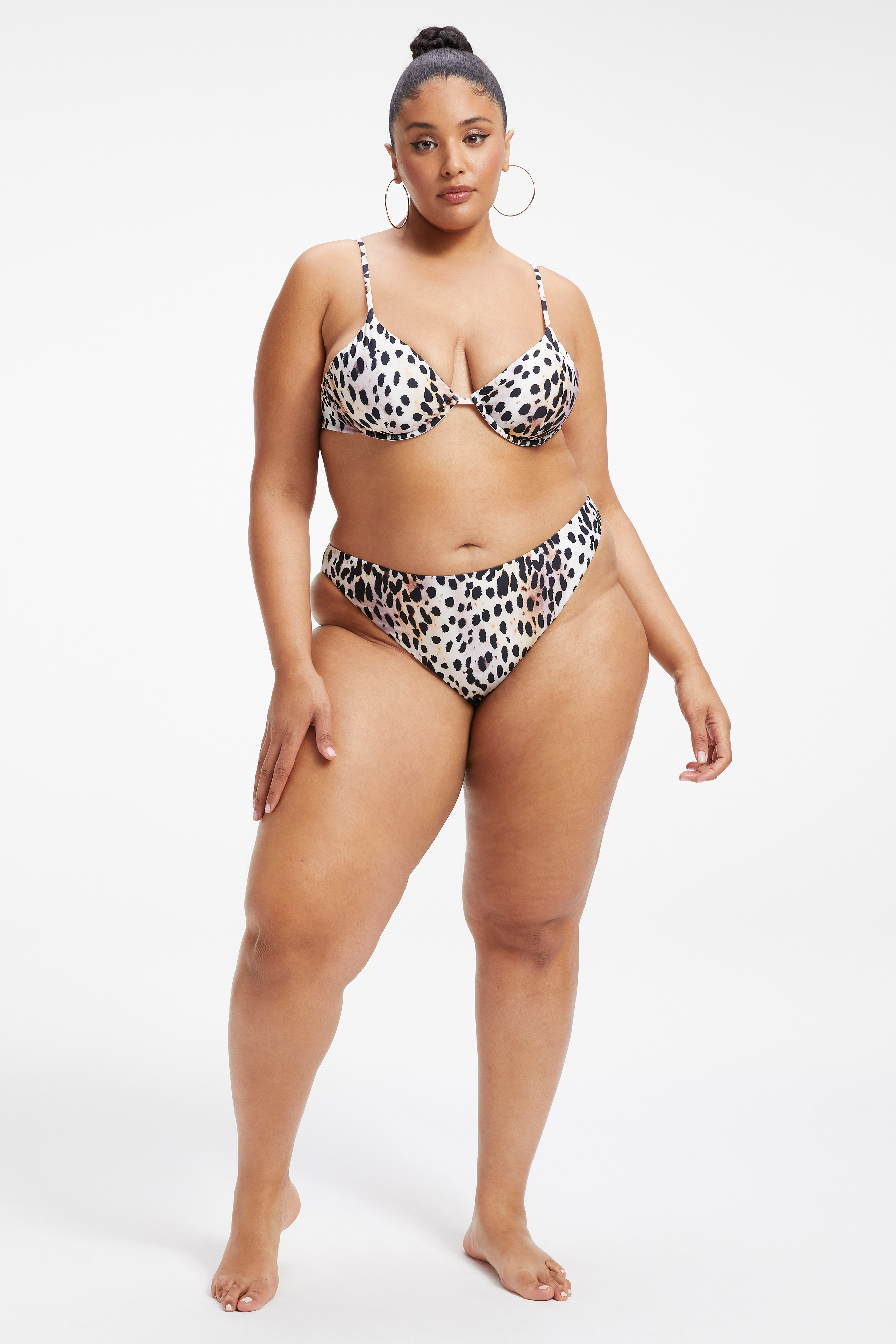 SATIN DEMI TOP in ROSE CHEETAH001 styled with our SATIN BETTER BIKINI BOTTOM in ROSE CHEETAH001, SATIN GOOD WAIST CHEEKY BOTTOM in ROSE CHEETAH001, or LEG DAZE SARONG in BLACK001