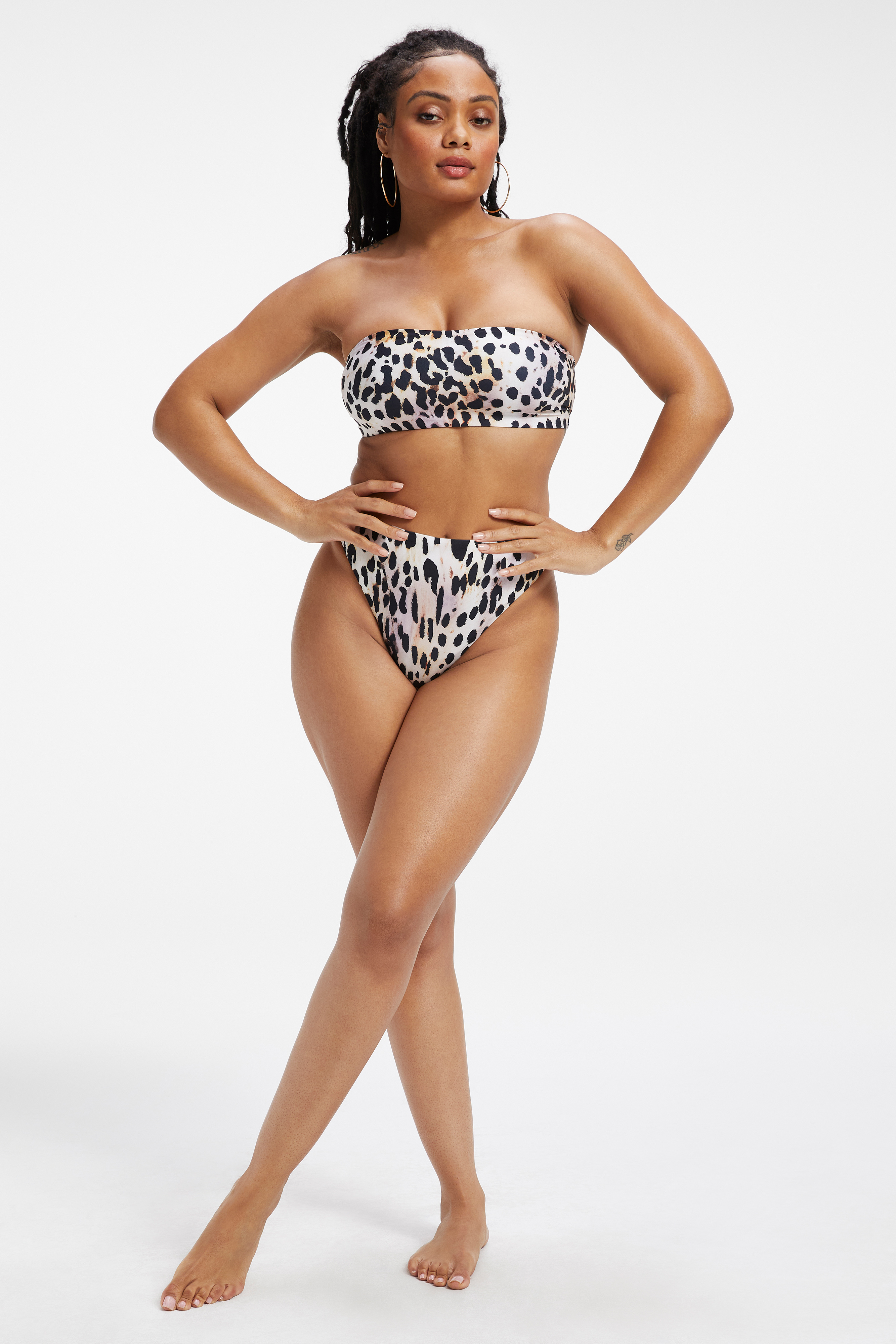 SATIN GOOD WAIST CHEEKY BOTTOM in ROSE CHEETAH001 styled with our SATIN BETTER BAND TOP in ROSE CHEETAH001, SATIN DEMI TOP in ROSE CHEETAH001, or SATIN KHLOÉ TOP in ROSE CHEETAH001