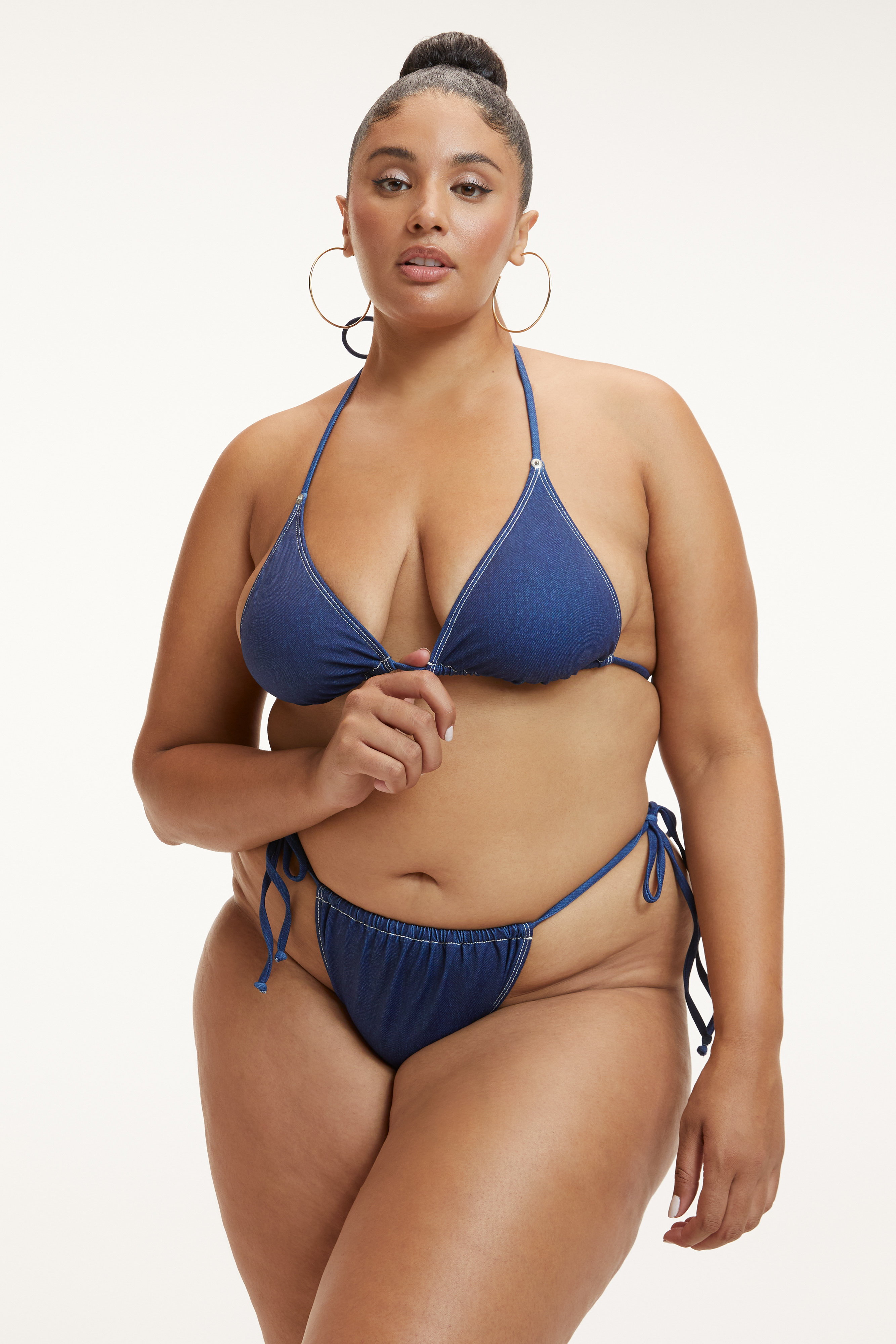 DENIM TINY TIES TOP in INDIGO PRINT001 styled with our DENIM TINY TIES BOTTOM in INDIGO PRINT001, DENIM BETTER BIKINI BOTTOM in INDIGO PRINT001, or DENIM SWIM BRIEF in INDIGO PRINT001