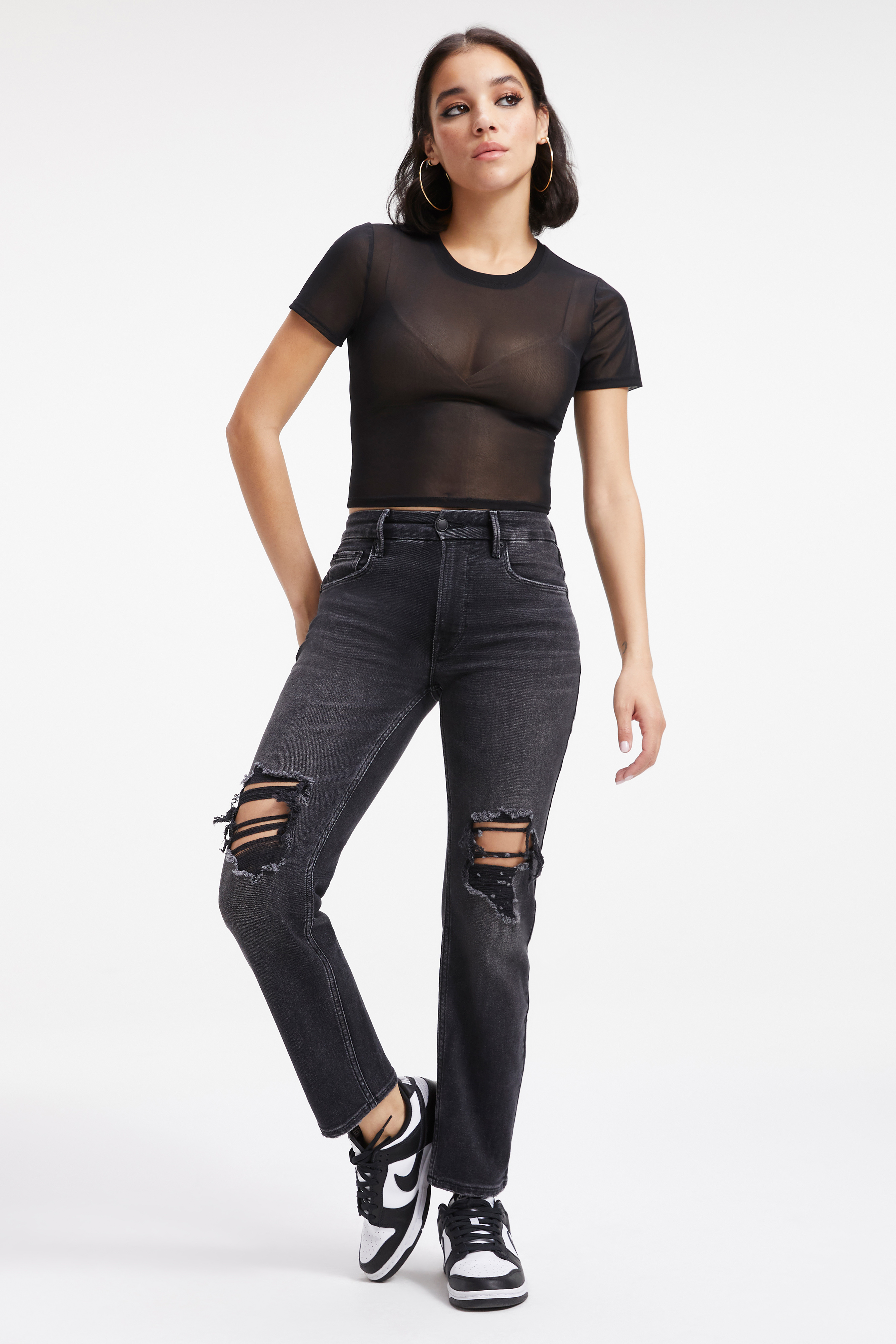 MESH CROPPED TEE in BLACK001 styled with our GOOD CLASSIC WITH NATURAL FRAY in BLACK273, GOOD LEGS LOW W/ SHADOW POCKET in BLACK262, or ALWAYS FITS GOOD CLASSIC in BLACK165