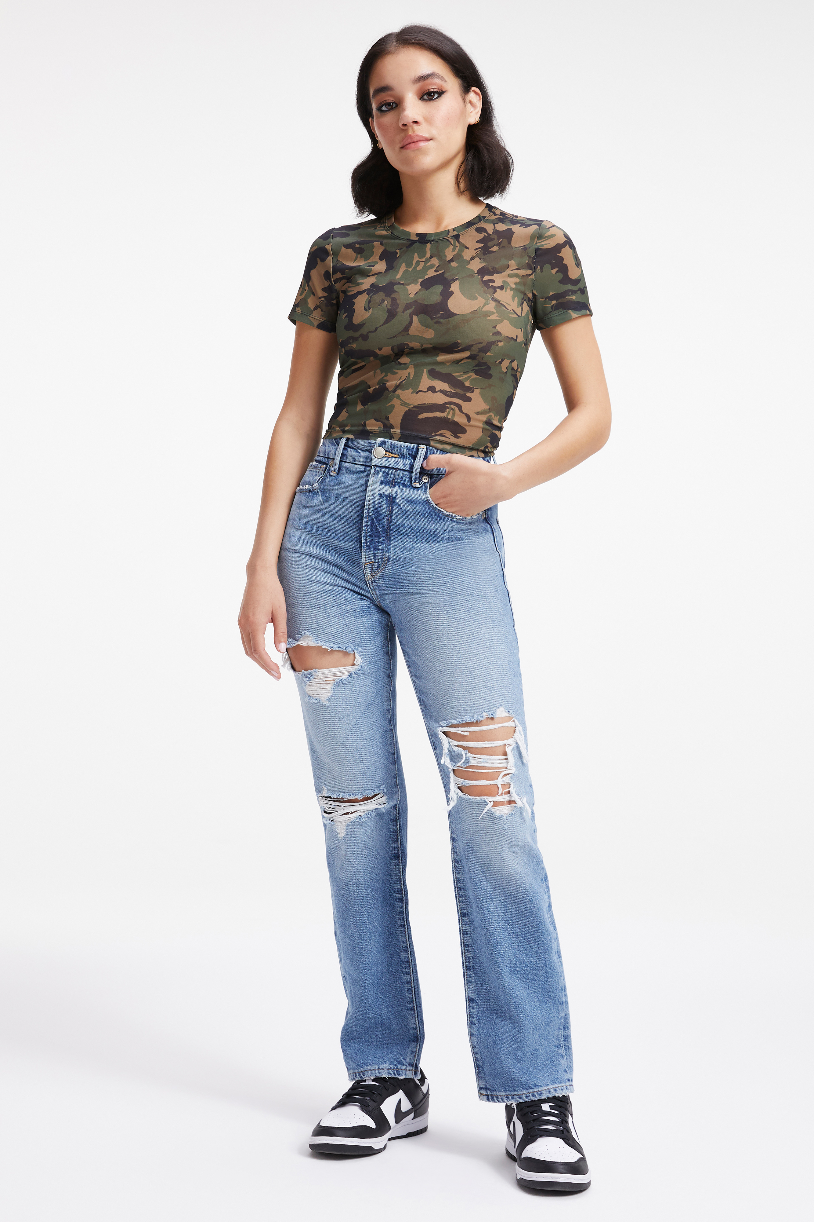 PRINTED MESH CROPPED TEE in LEAF CAMO001 styled with our GOOD BOY JEANS in INDIGO244, or GOOD GIRLFRIEND PETITE JEANS in INDIGO262