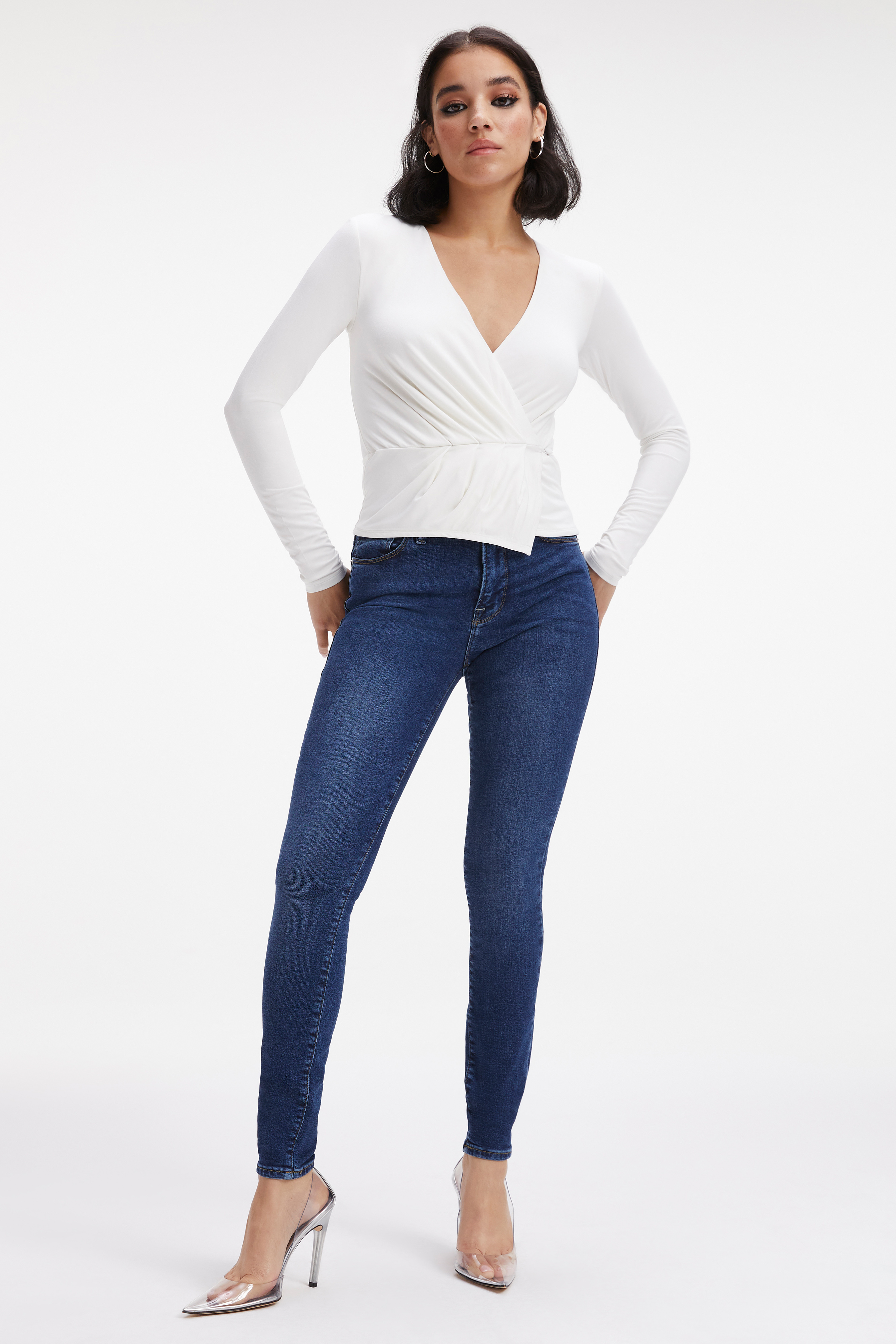 GOOD TOUCH WRAP TOP in IVORY001 styled with our GOOD WAIST W/ CHEWED BACK PKTS in INDIGO203, GOOD LEGS TWISTED SLIT in INDIGO004, or ALWAYS FITS GOOD LEGS in BLUE838
