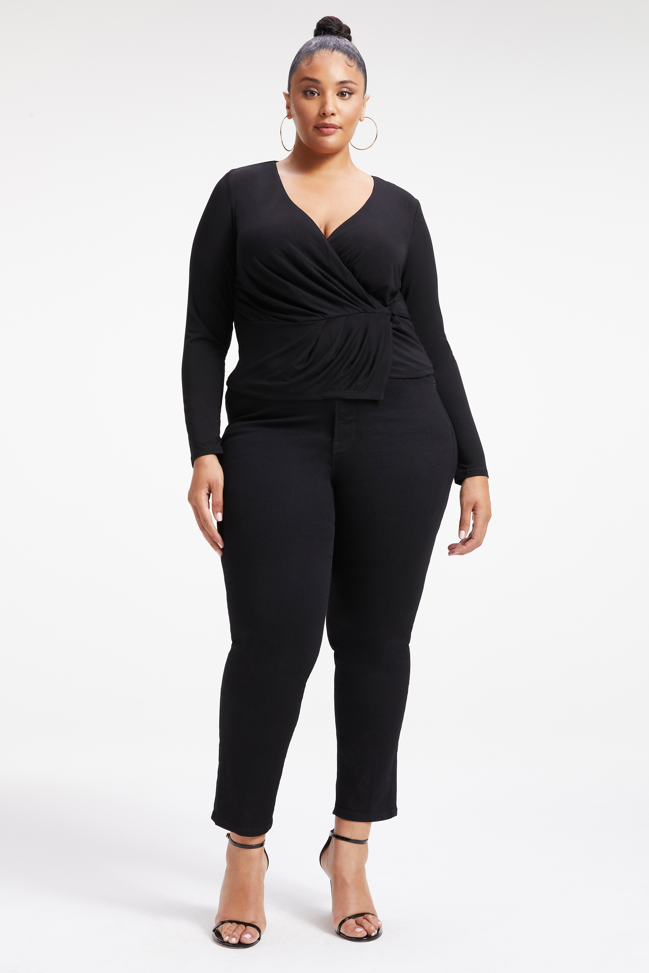 GOOD TOUCH WRAP TOP in BLACK001 styled with our GOOD LEGS JEANS in BLUE224, or GOOD LEGS CROPPED JEANS in BLUE835
