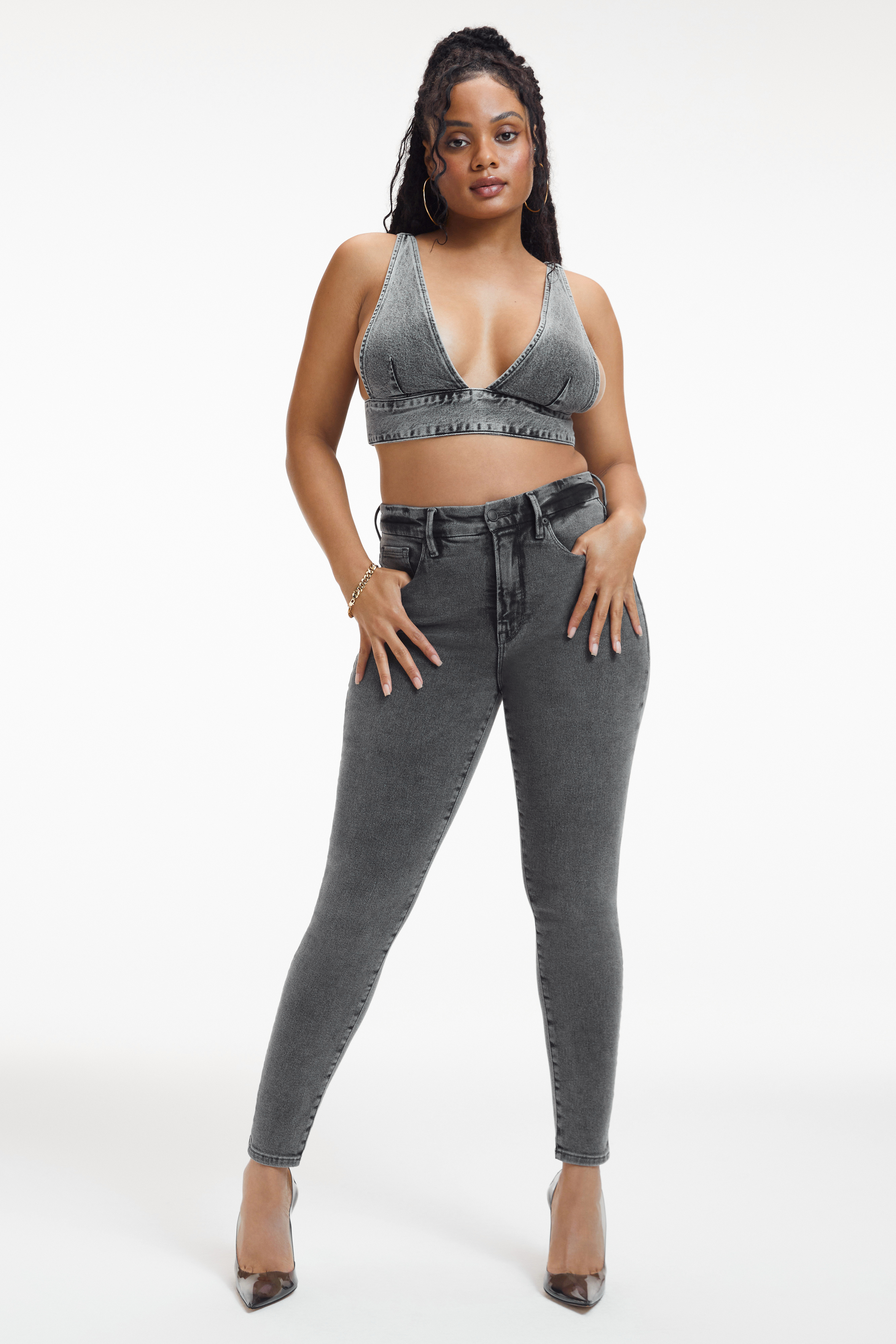 GOOD WAIST JEANS in BLACK199 styled with our DENIM BRALETTE in BLACK199, DENIM CORSET in BLACK199, or DENIM VEST in BLACK199