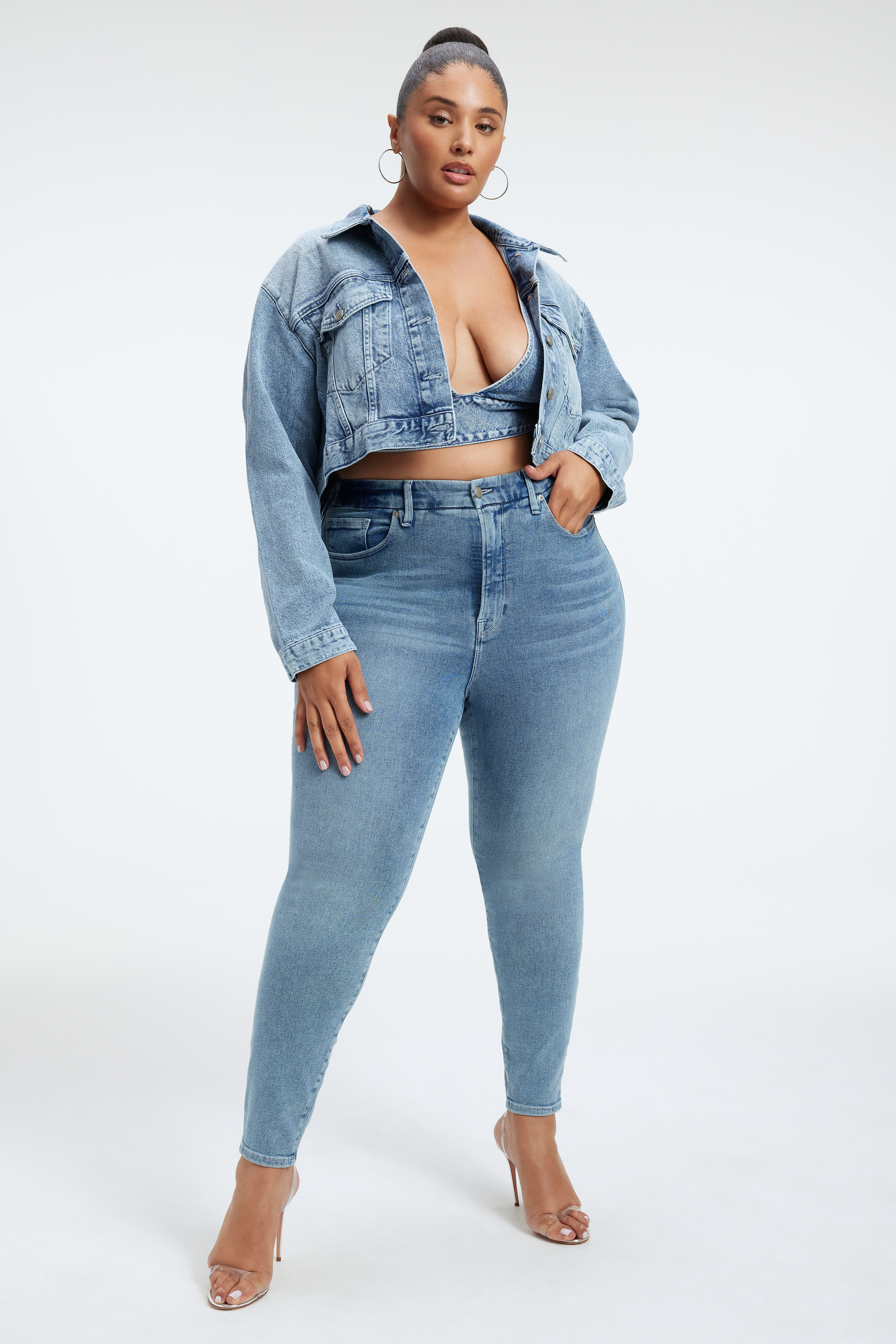 GOOD WAIST JEANS in INDIGO301 styled with our DENIM BRALETTE in INDIGO301, GOOD CLASSIC JEANS in INDIGO301, or CINDER-F*CKING-RELLA PUMP in GLASS