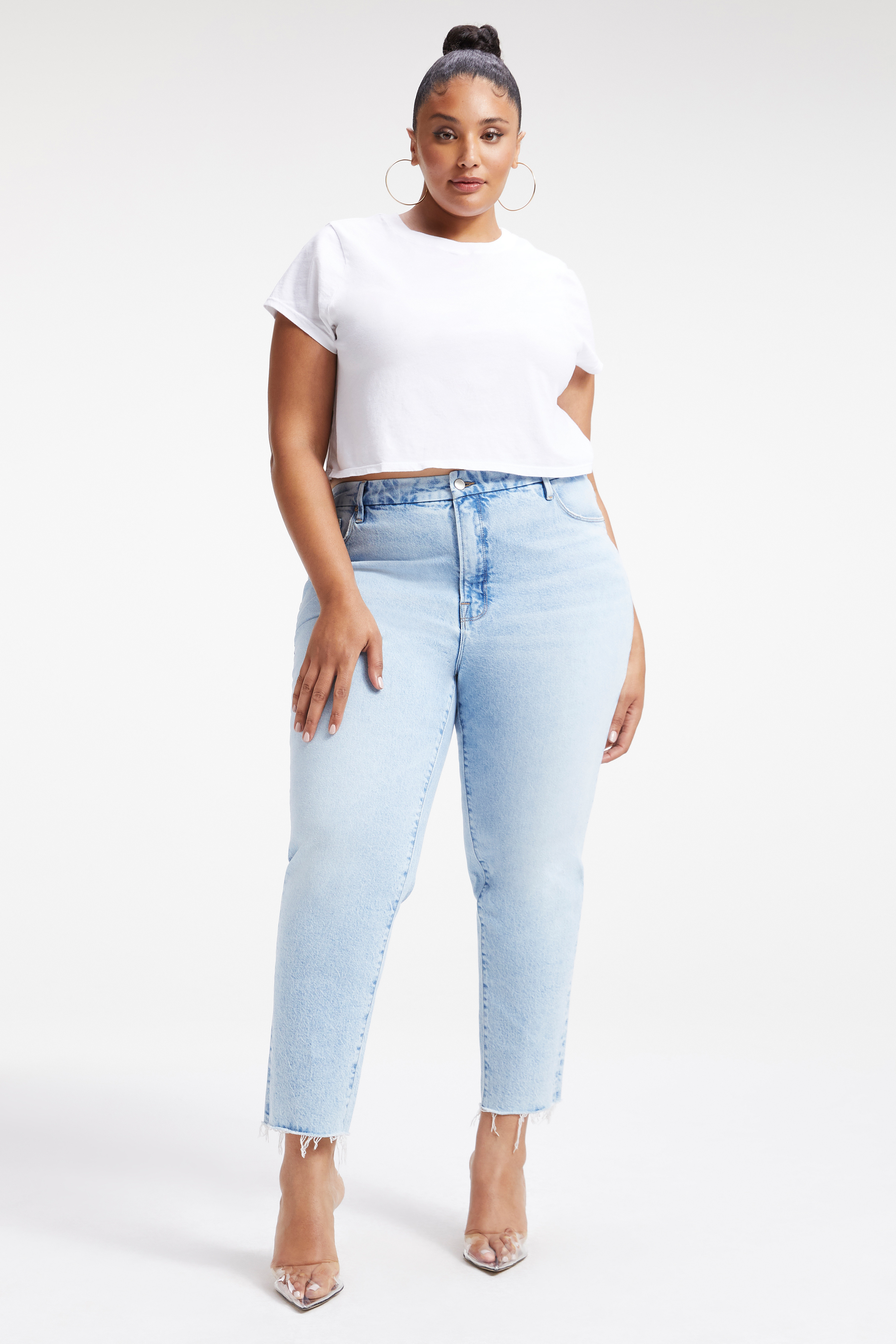 THE WEEKENDER in INDIGO248 styled with our COTTON CROPPED TEE in WHITE001, COTTON CROPPED LONG SLEEVE TEE in WHITE001, or FITTED RIBBED TANK in WHITE001