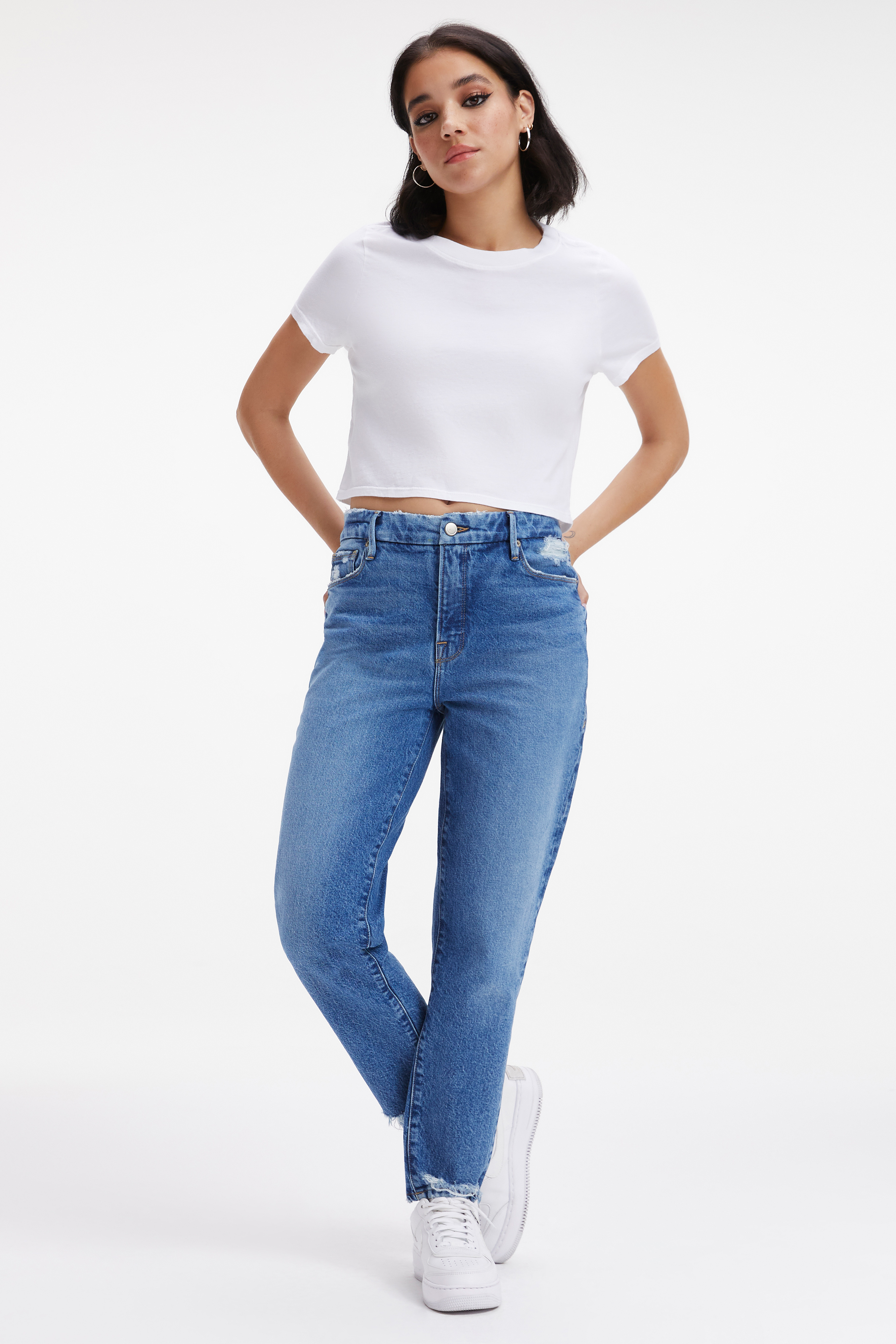 THE WEEKENDER in INDIGO250 styled with our COTTON CROPPED TEE in WHITE001, COTTON CROPPED LONG SLEEVE TEE in WHITE001, or FITTED RIBBED TANK in WHITE001
