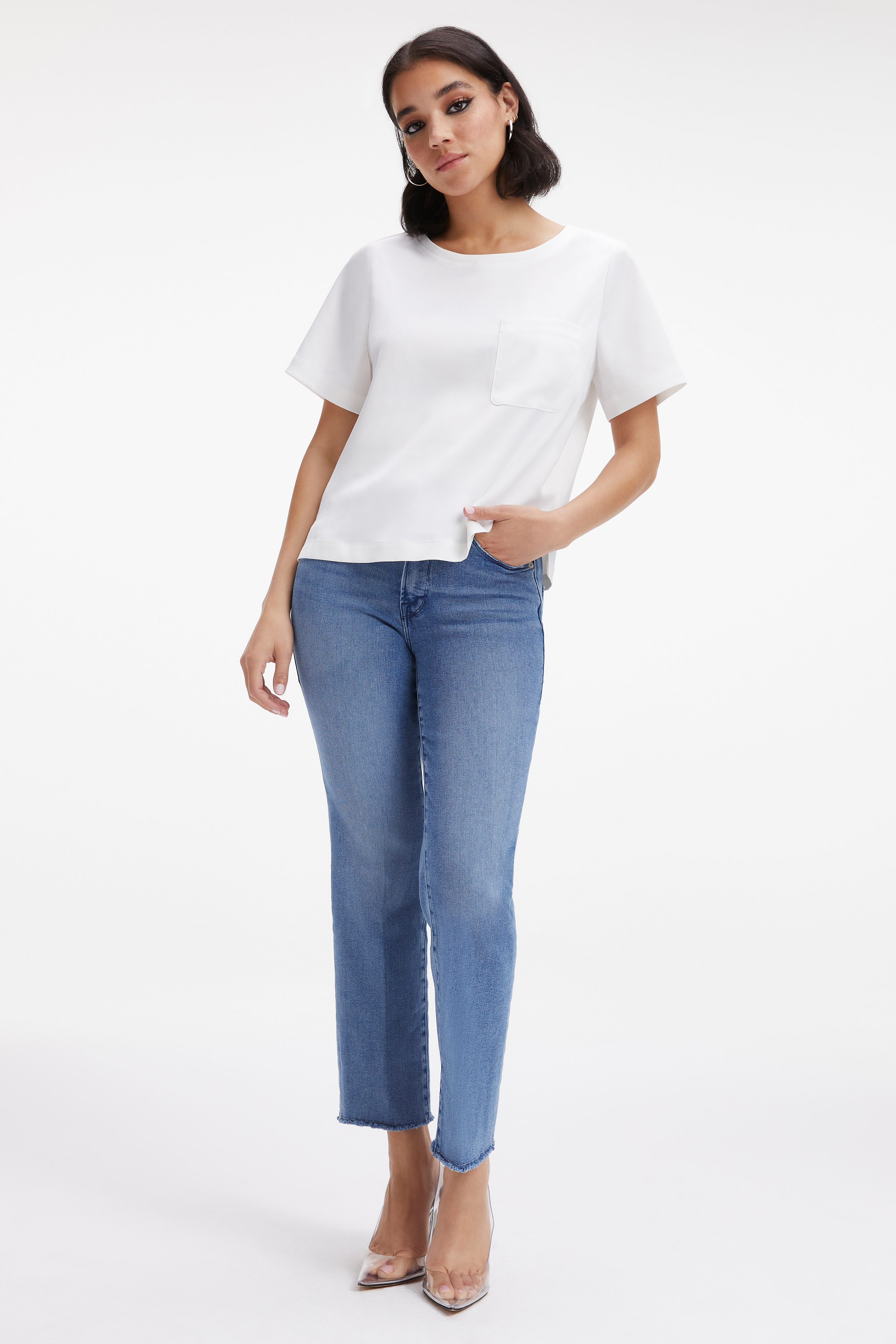 SATIN TEE in IVORY001 styled with our GOOD ICON JEANS in INDIGO159, GOOD CLASSIC BOOT in INDIGO253, or ALWAYS FITS GOOD CLASSIC in BLUE822