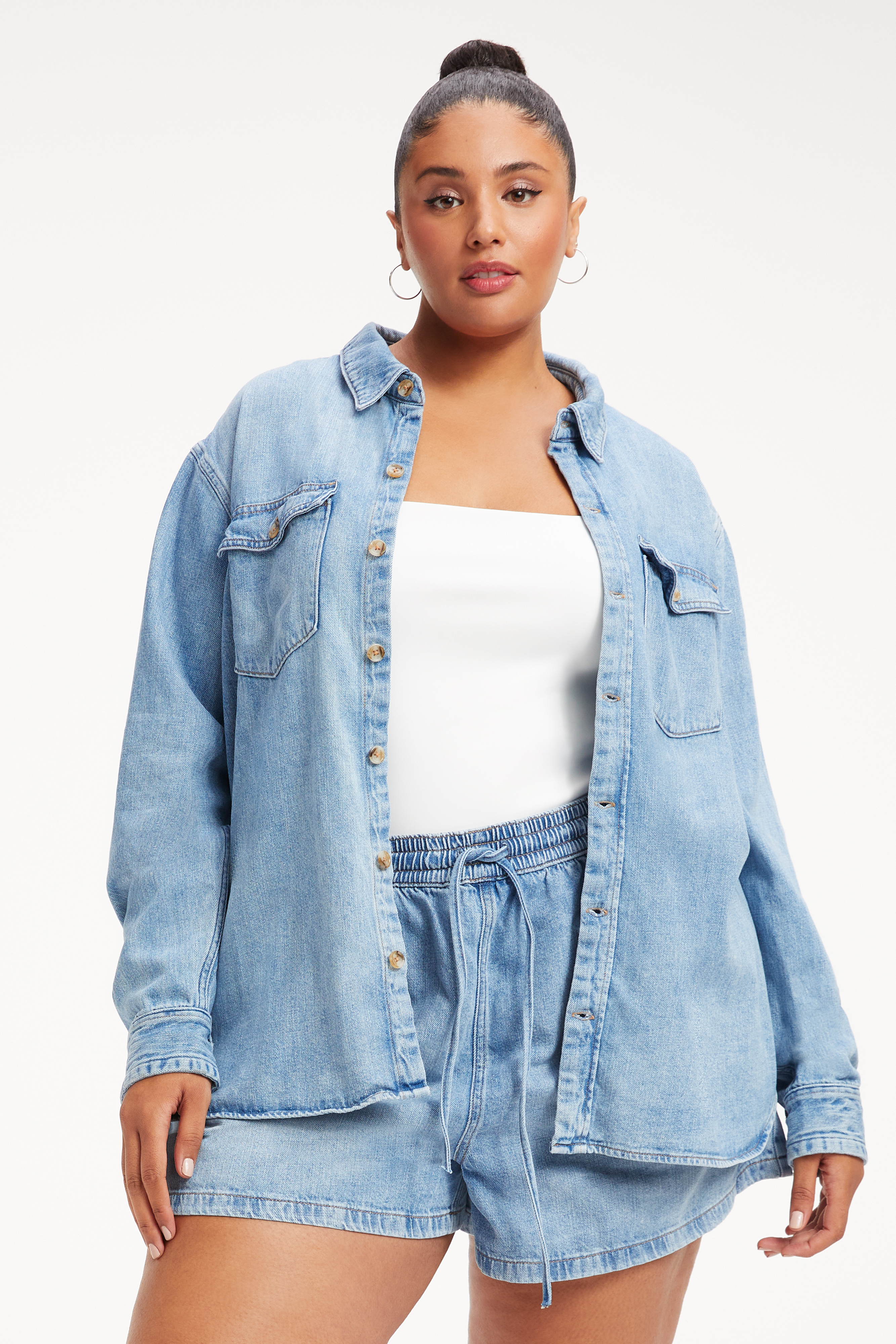 WEIGHTLESS EASY SHIRT in INDIGO210 styled with our WEIGHTLESS DRAWSTRING SHORT in INDIGO210, or WEIGHTLESS CYBORG JEAN in INDIGO210