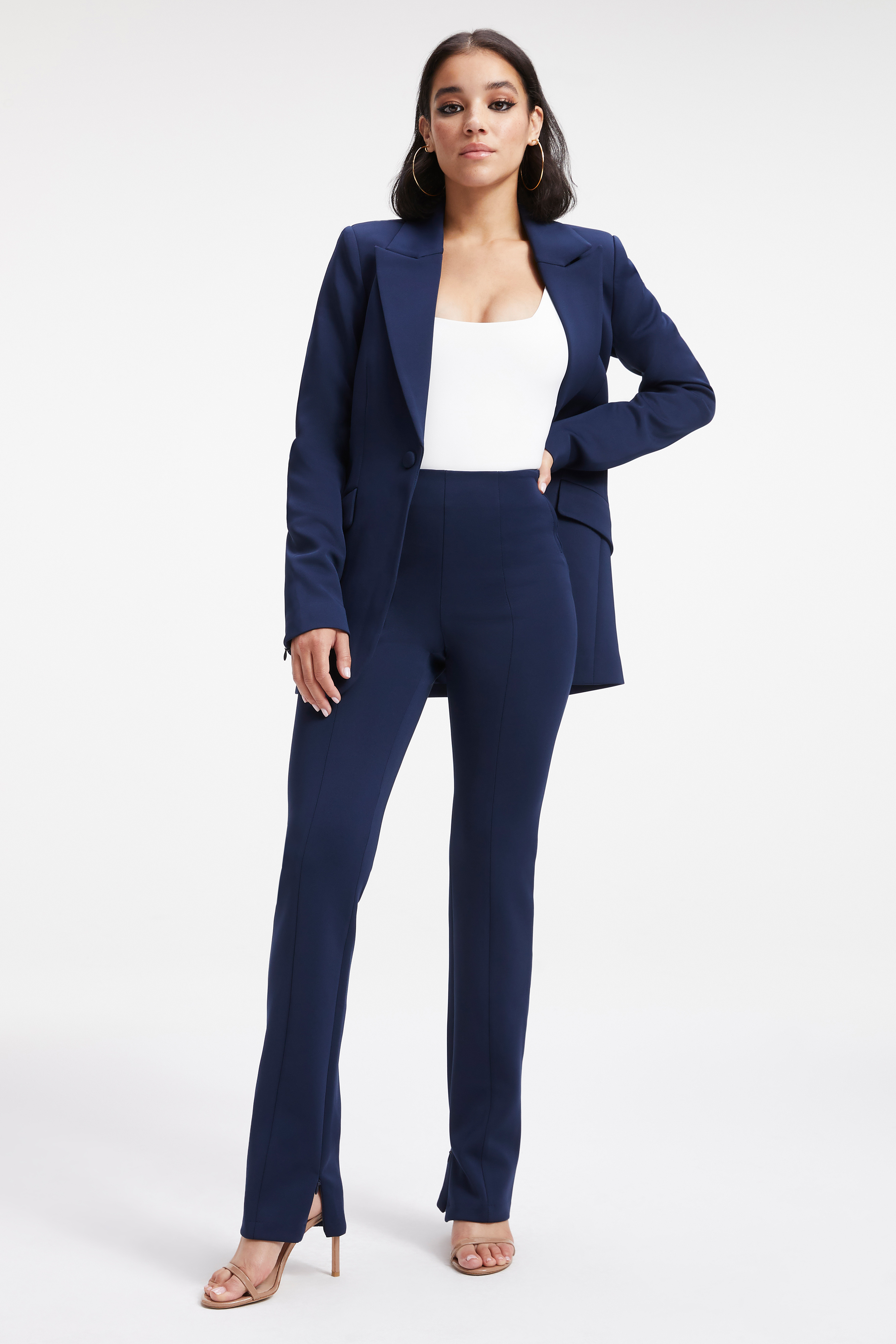 SCUBA SLIM FLARE PANT in NAVY001 styled with our SCUBA FITTED BLAZER in NAVY001, or GOOD FORM MODERN TANK BODY in WHITE001