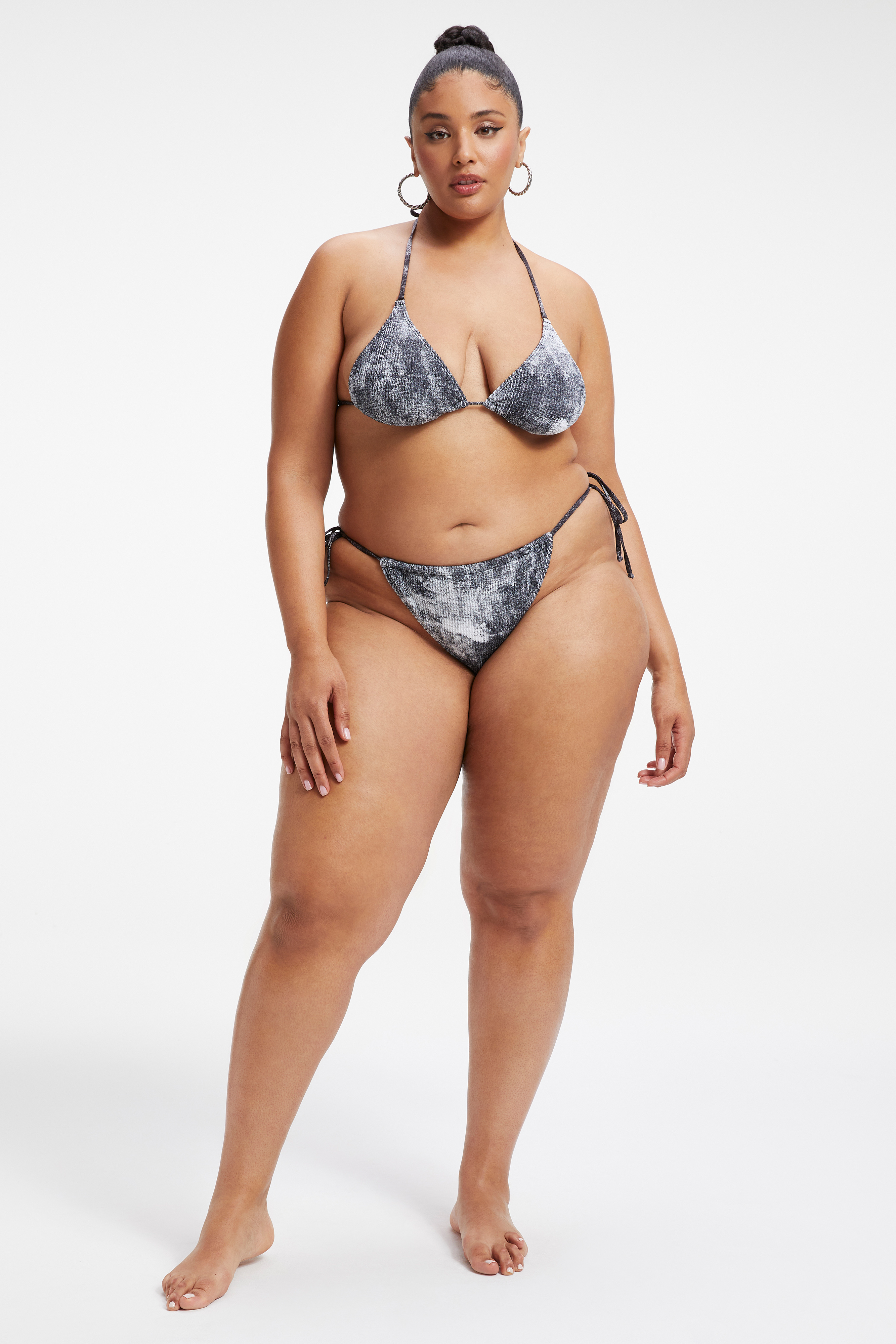 ALWAYS FITS TINY TIES BIKINI TOP in GREY TIE DYE002 styled with our ALWAYS FITS TINY TIES BIKINI BOTTOM in GREY TIE DYE002, ALWAYS FITS GOOD WAIST CHEEKY BOTTOM in GREY TIE DYE002, or ALWAYS FITS BETTER BIKINI BOTTOM in GREY TIE DYE002