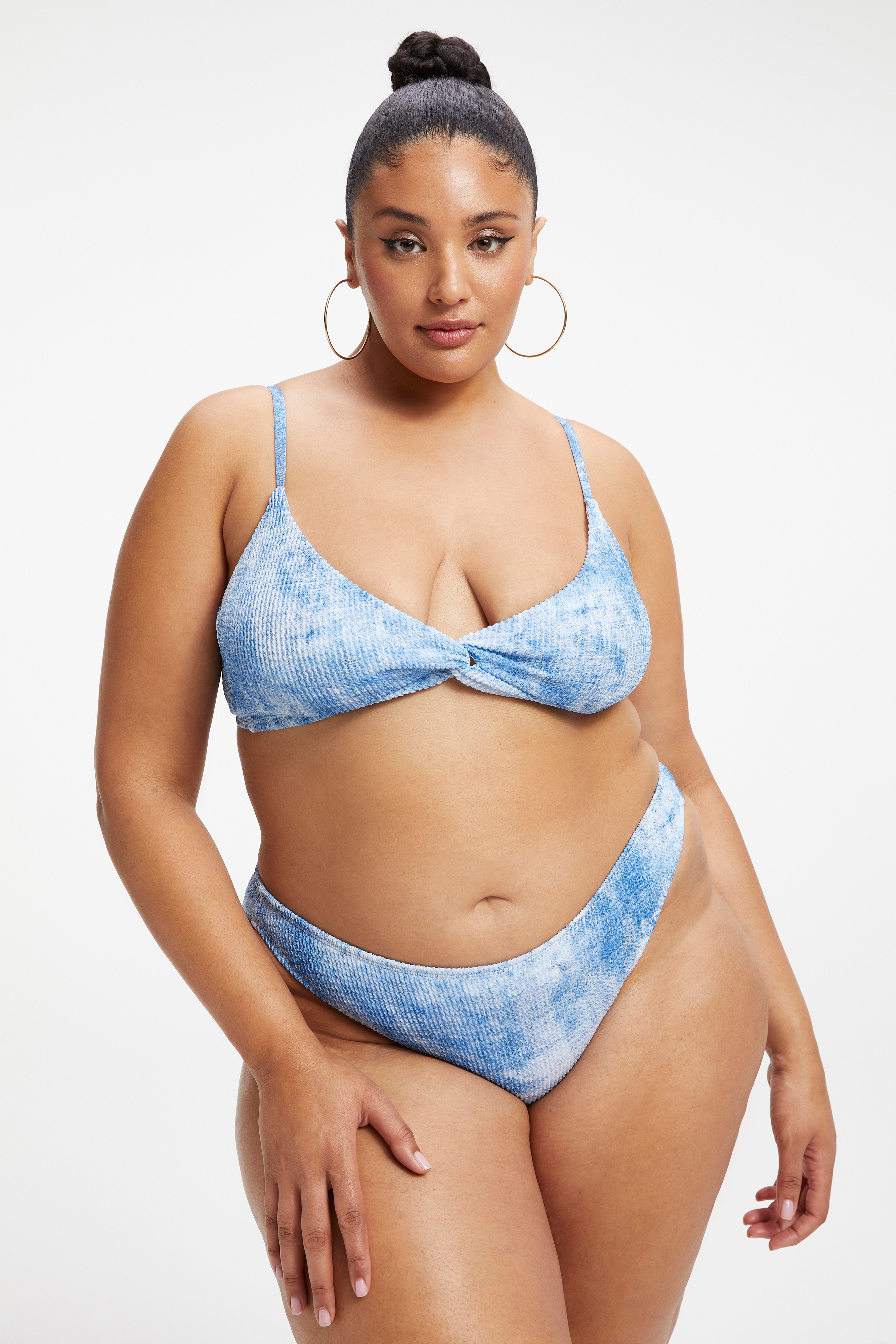 ALWAYS FITS TWIST BIKINI TOP in INDIGO TIE DYE002 styled with our ALWAYS FITS BETTER BIKINI BOTTOM in INDIGO TIE DYE002, or ALWAYS FITS GOOD WAIST CHEEKY BOTTOM in INDIGO TIE DYE002