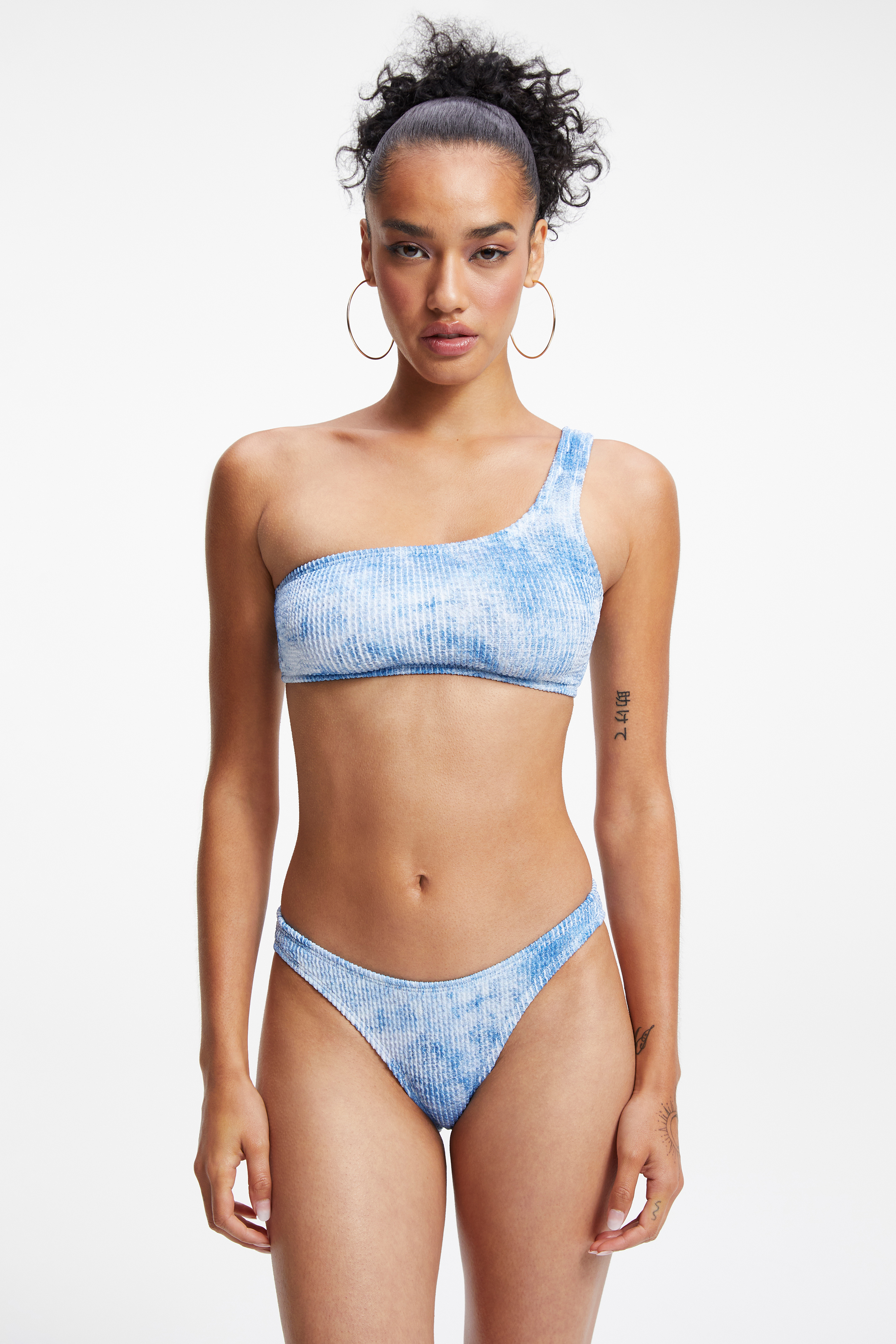 ALWAYS FITS SHOULDER BIKINI TOP in INDIGO TIE DYE002 styled with our ALWAYS FITS BETTER BIKINI BOTTOM in INDIGO TIE DYE002, or ALWAYS FITS GOOD WAIST CHEEKY BOTTOM in INDIGO TIE DYE002