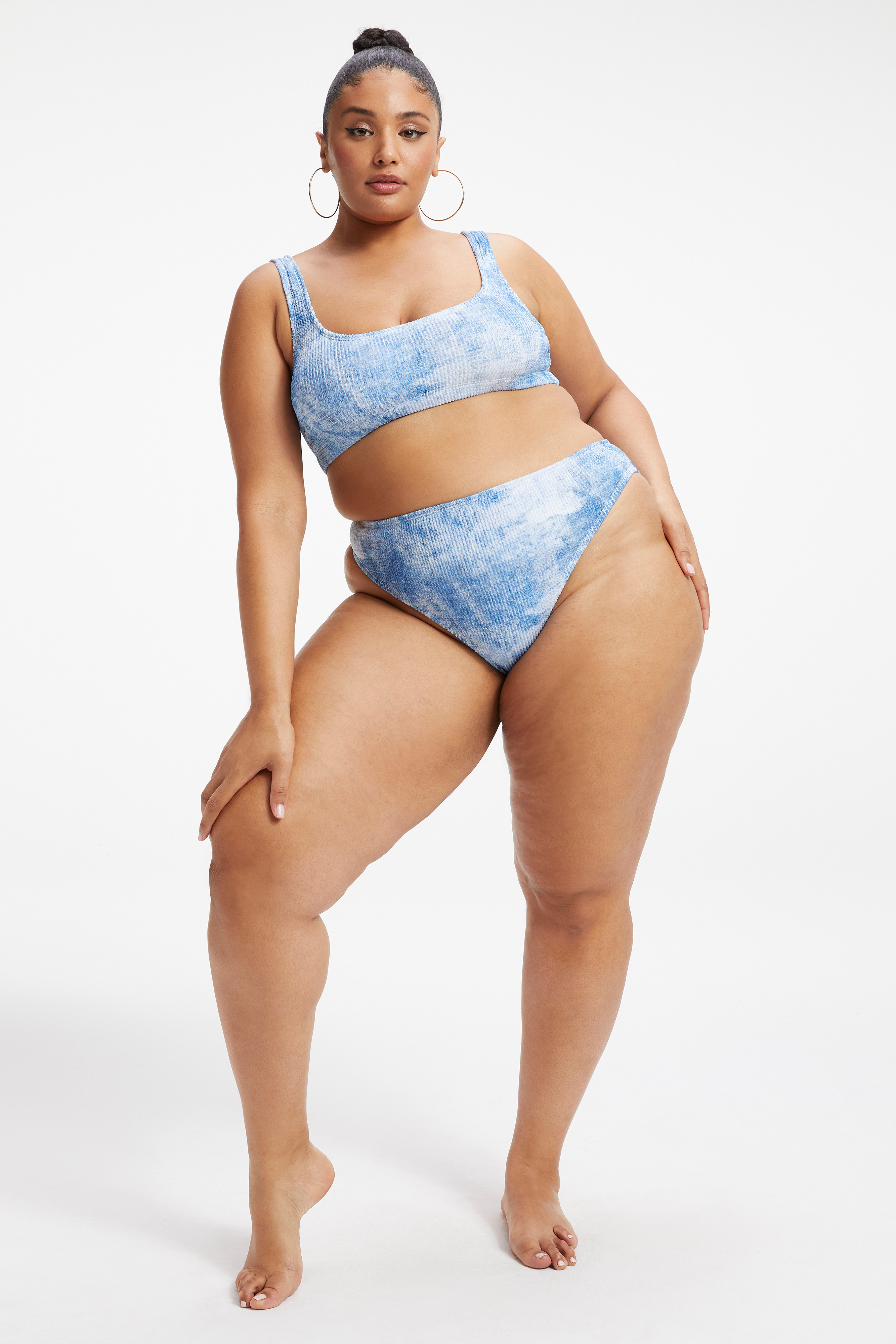 ALWAYS FITS GOOD WAIST CHEEKY BOTTOM in INDIGO TIE DYE002 styled with our ALWAYS FITS SCOOP BIKINI TOP in INDIGO TIE DYE002, ALWAYS FITS BETTER BAND BIKINI TOP in INDIGO TIE DYE002, or ALWAYS FITS SHOULDER BIKINI TOP in INDIGO TIE DYE002