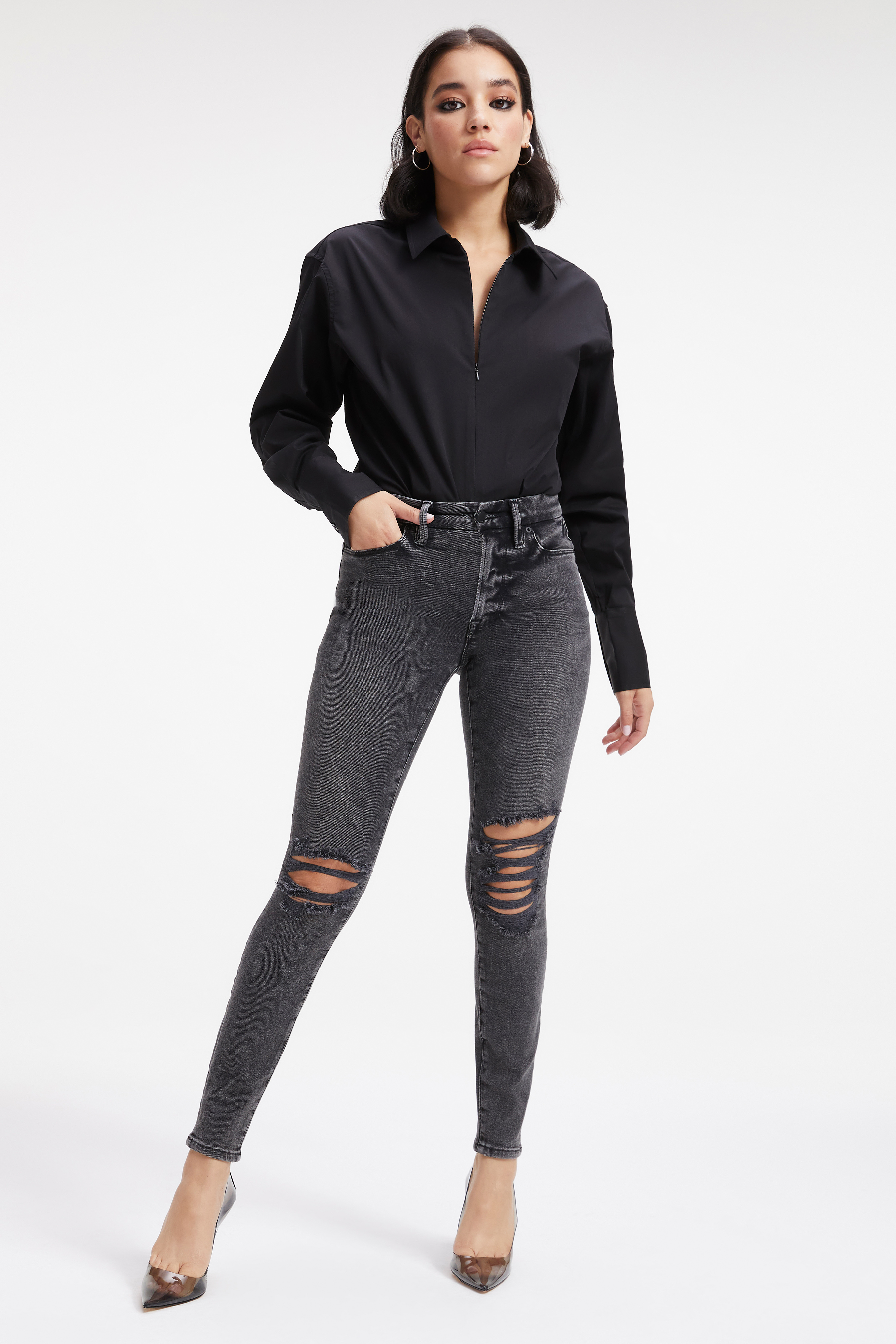 GOOD LEGS JEANS in BLACK282 styled with our ZIP FRONT POPLIN BODYSUIT in BLACK001, DART POPLIN SHIRT in BLACK001, or TABBED POPLIN SHIRT in BLACK001