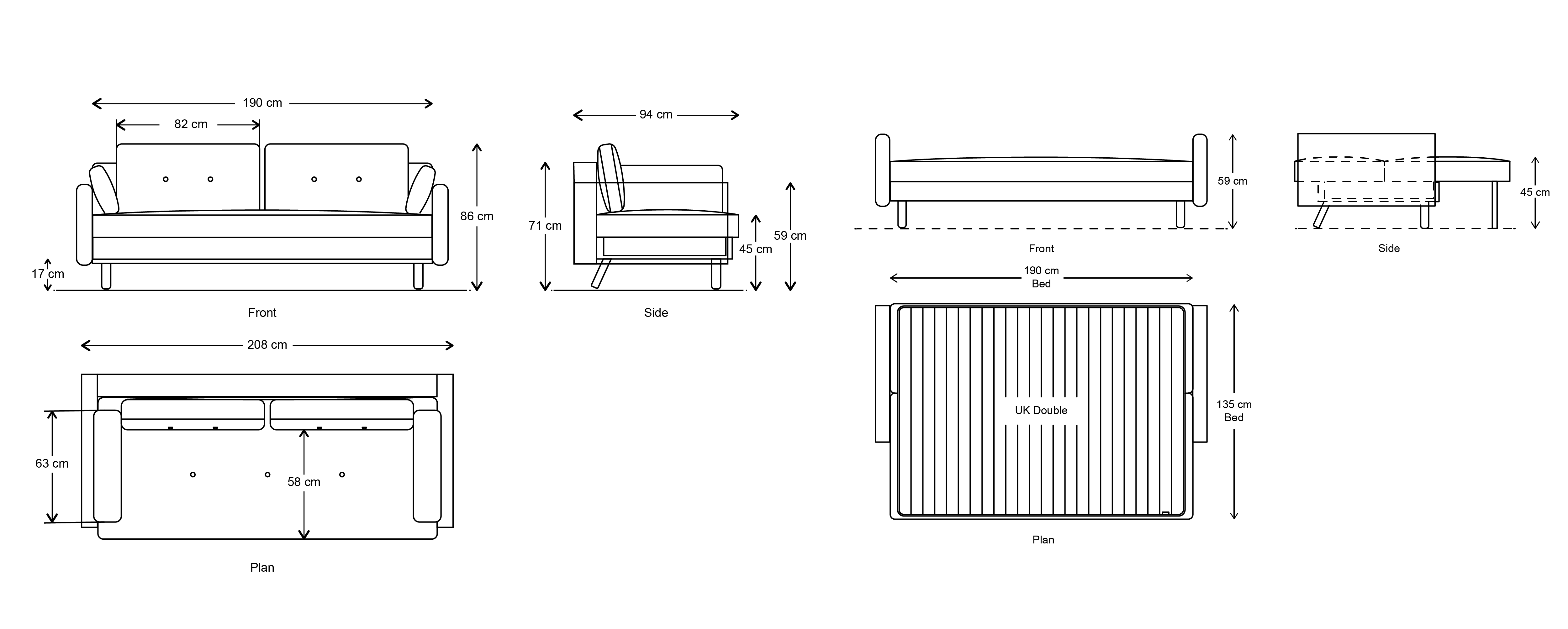 Model 04 Sofa Bed Dimension Drawings