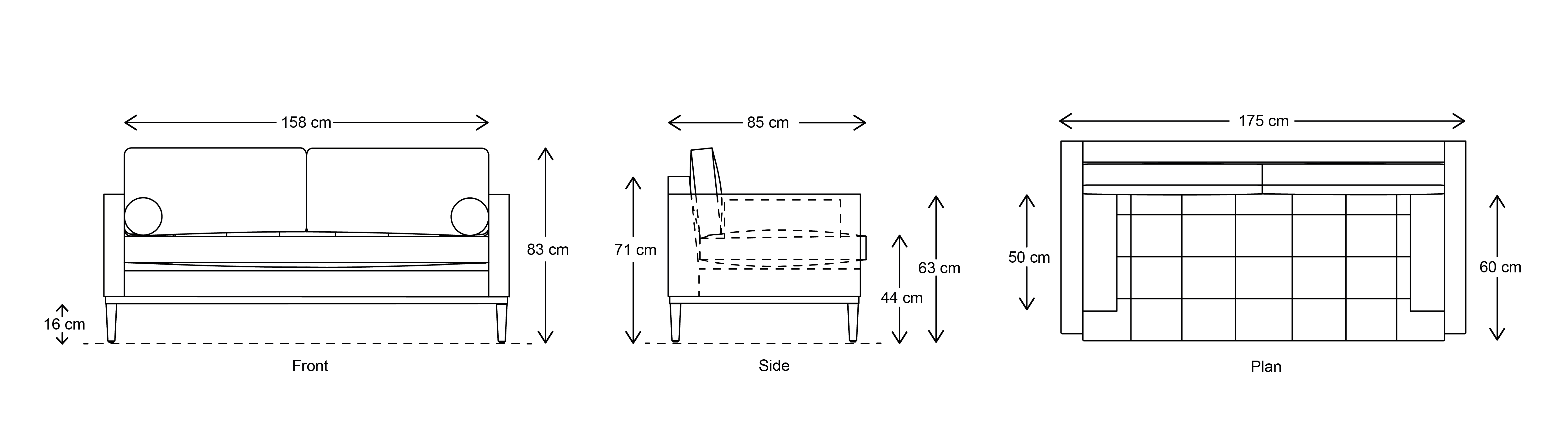 Model 02 2 Seater Sofa Dimensions Drawing