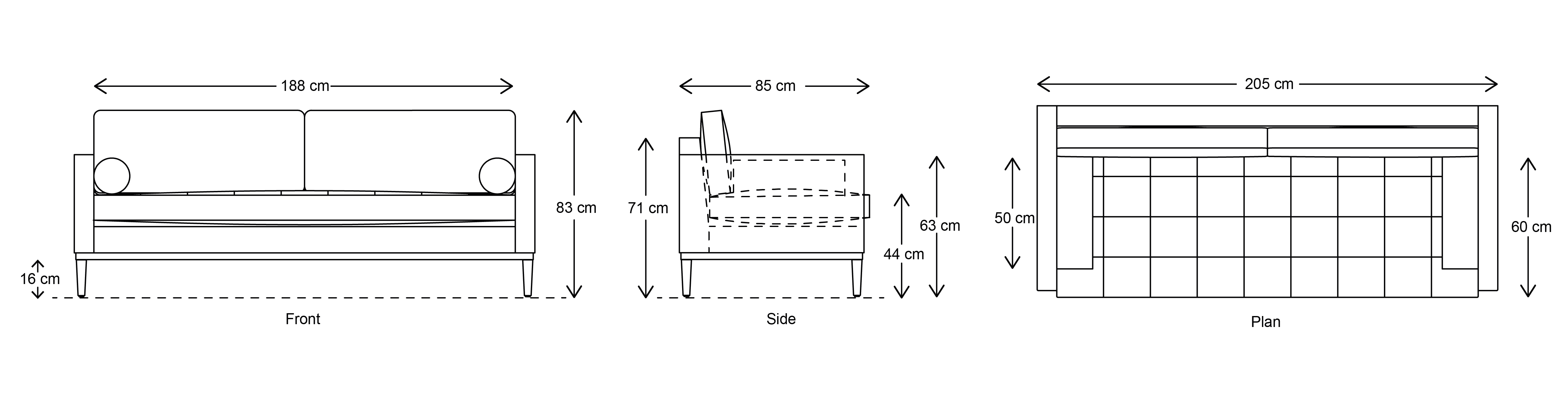 Model 02 3 Seater Sofa Dimensions Drawings