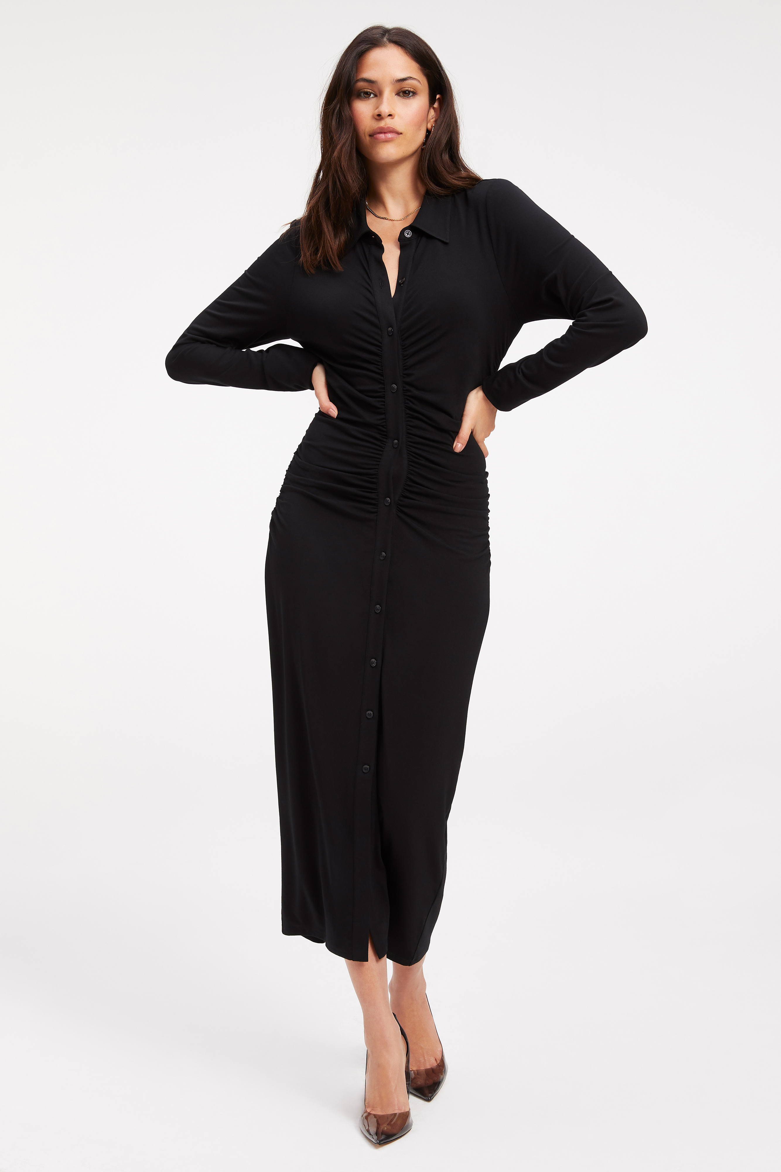 GOOD TOUCH BUTTON DOWN MIDI in BLACK001 styled with our CINDER-F*CKING-RELLA PUMP in LIGHT SMOKE001, or CINDER-F*CKING-RELLA JEWELED MULE in BLACK SATIN001