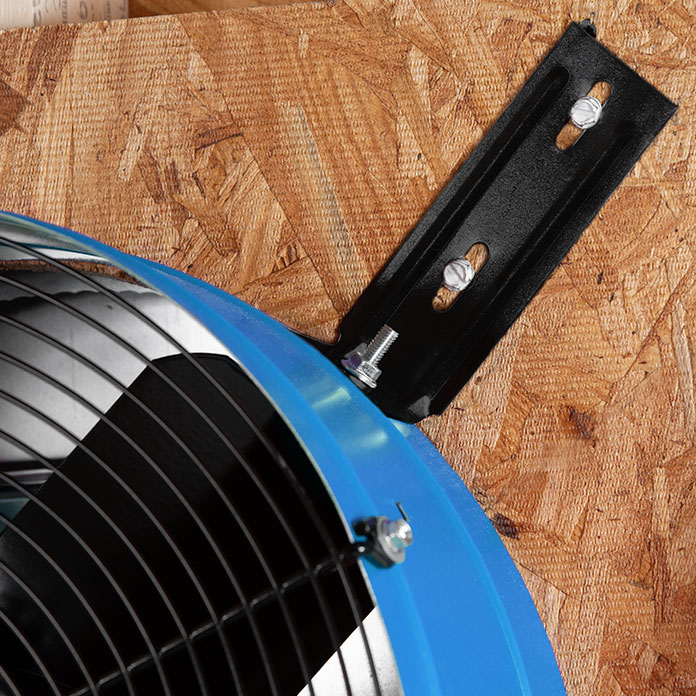 Close-up of a bracket installed on the fan at a gable end of the attic.