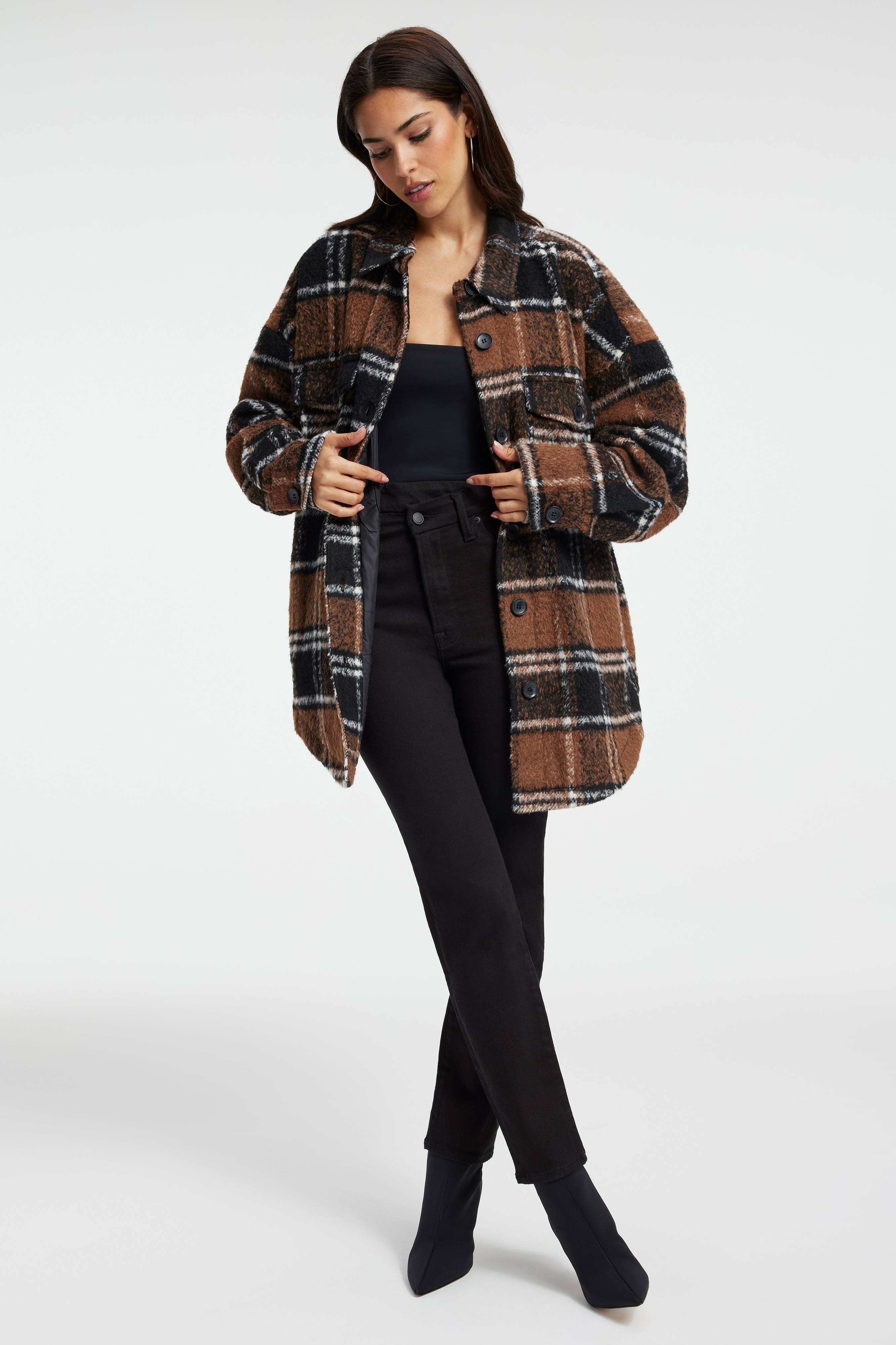 BRUSHED BOYFRIEND SHACKET in BURNT CARAMEL LARGE PLAID styled with our GOOD CLASSIC BOOTCUT JEANS in BLACK162, or GOOD CLASSIC COATED JEANS in BLACK001