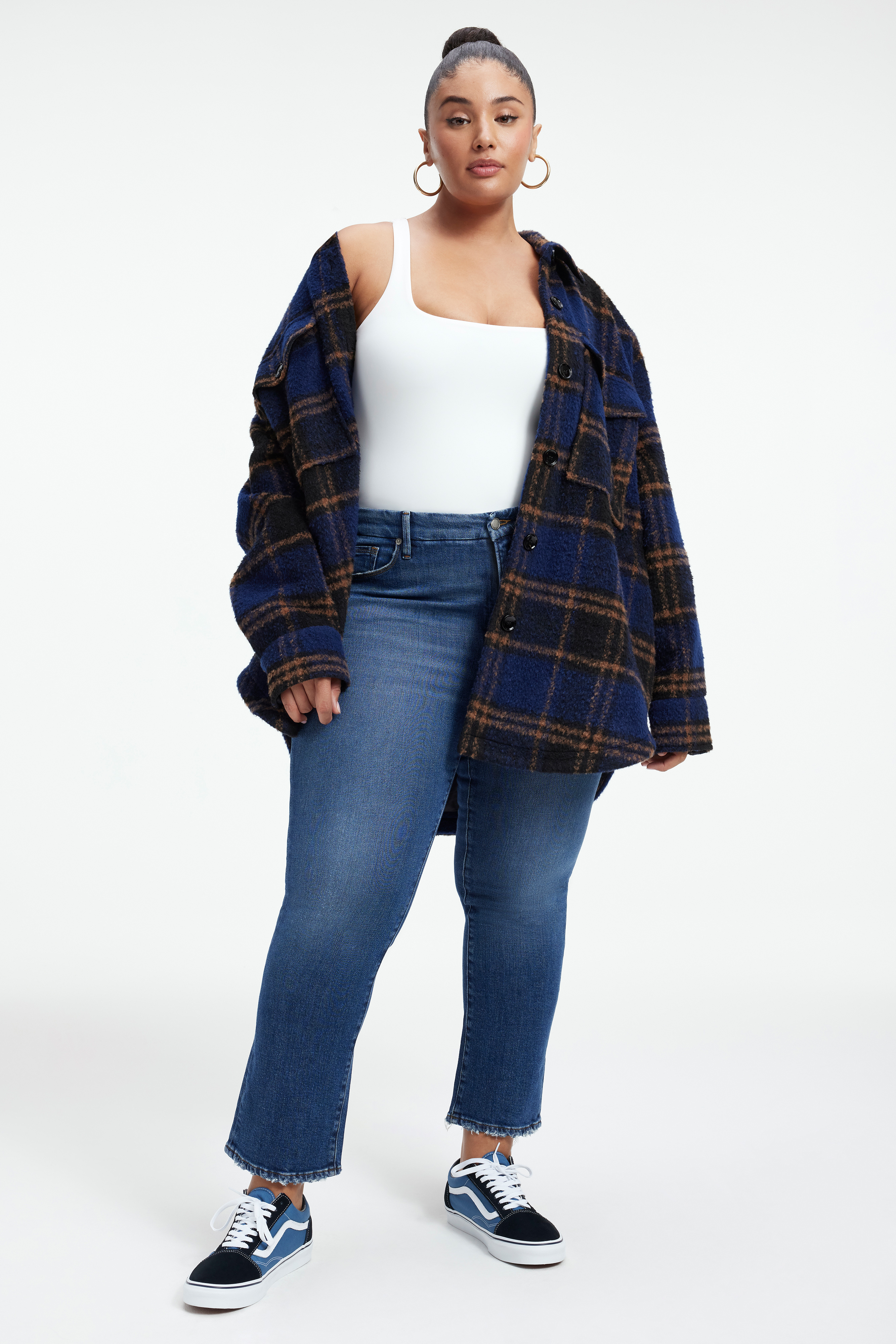 BRUSHED BOYFRIEND SHACKET in BLUE RINSE LARGE PLAID styled with our SCUBA MODERN TANK BODYSUIT in WHITE001, GOOD LEGS CROPPED MINI BOOT JEANS in BLUE811, or GOOD LEGS CROPPED MINI BOOT JEANS in INDIGO271