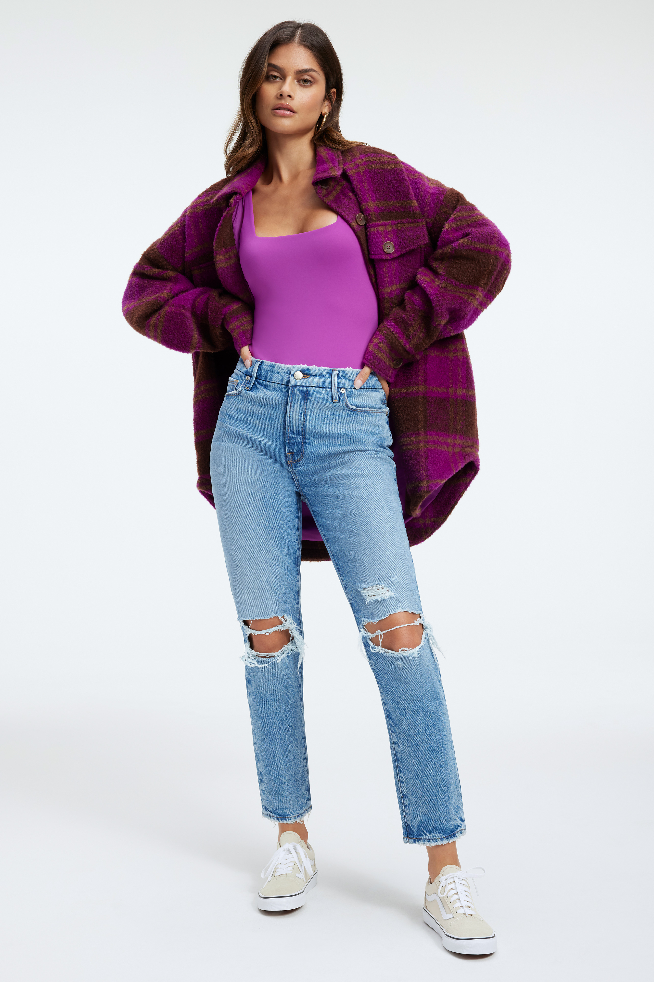 BRUSHED BOYFRIEND SHACKET in POWER PURPLE LARGE PLAID styled with our GOOD CLASSIC JEANS in INDIGO123, or GOOD BOY JEANS in INDIGO244