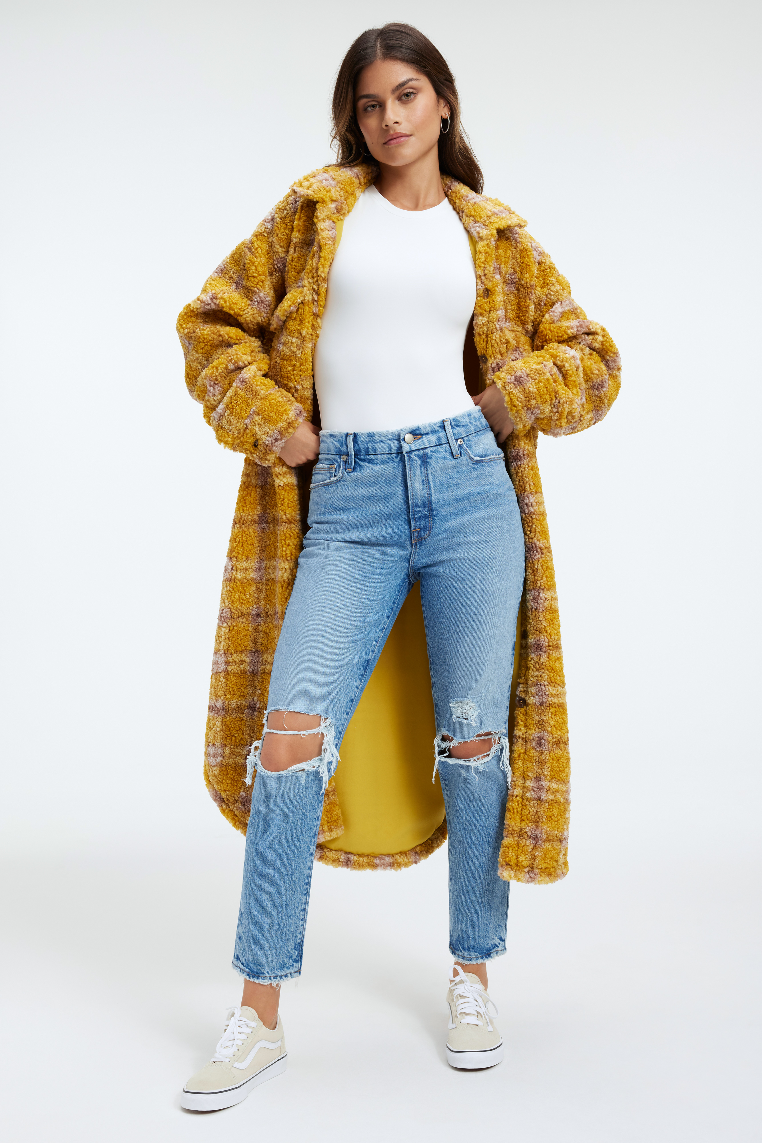 LONG SHERPA SHACKET in EMORY SHERPA PLAID001 styled with our SCUBA CREW BODYSUIT in WHITE001, GOOD STRAIGHT in INDIGO091, or GOOD GIRLFRIEND PETITE in BLUE448