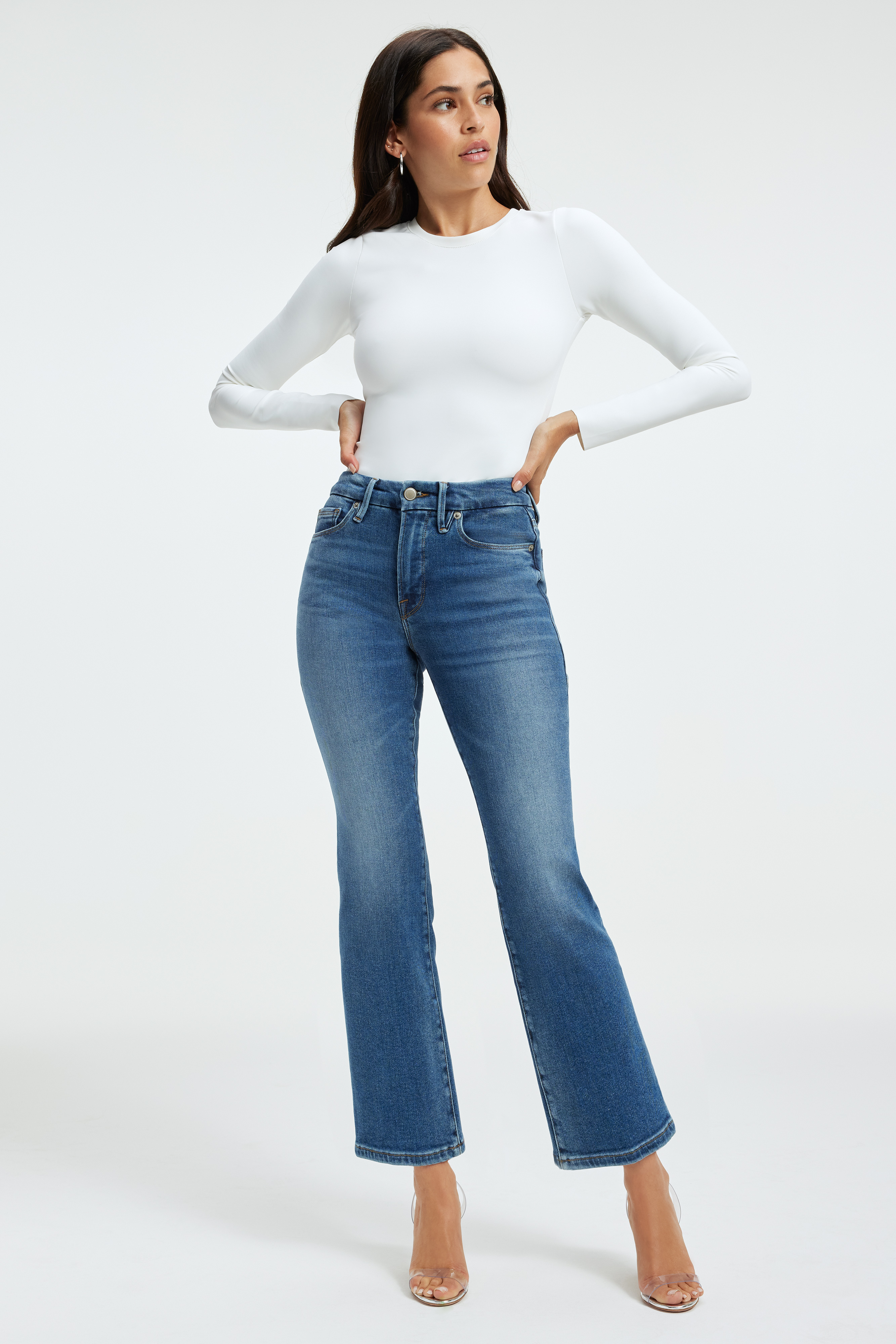 GOOD LEGS CROPPED MINI BOOT JEANS in INDIGO271 styled with our SCUBA CREW BODYSUIT in WHITE001, SCUBA SHORT SLEEVE BODYSUIT in WHITE001, or GOOD TOUCH TURTLENECK BODY in GOOD LEOPARD003