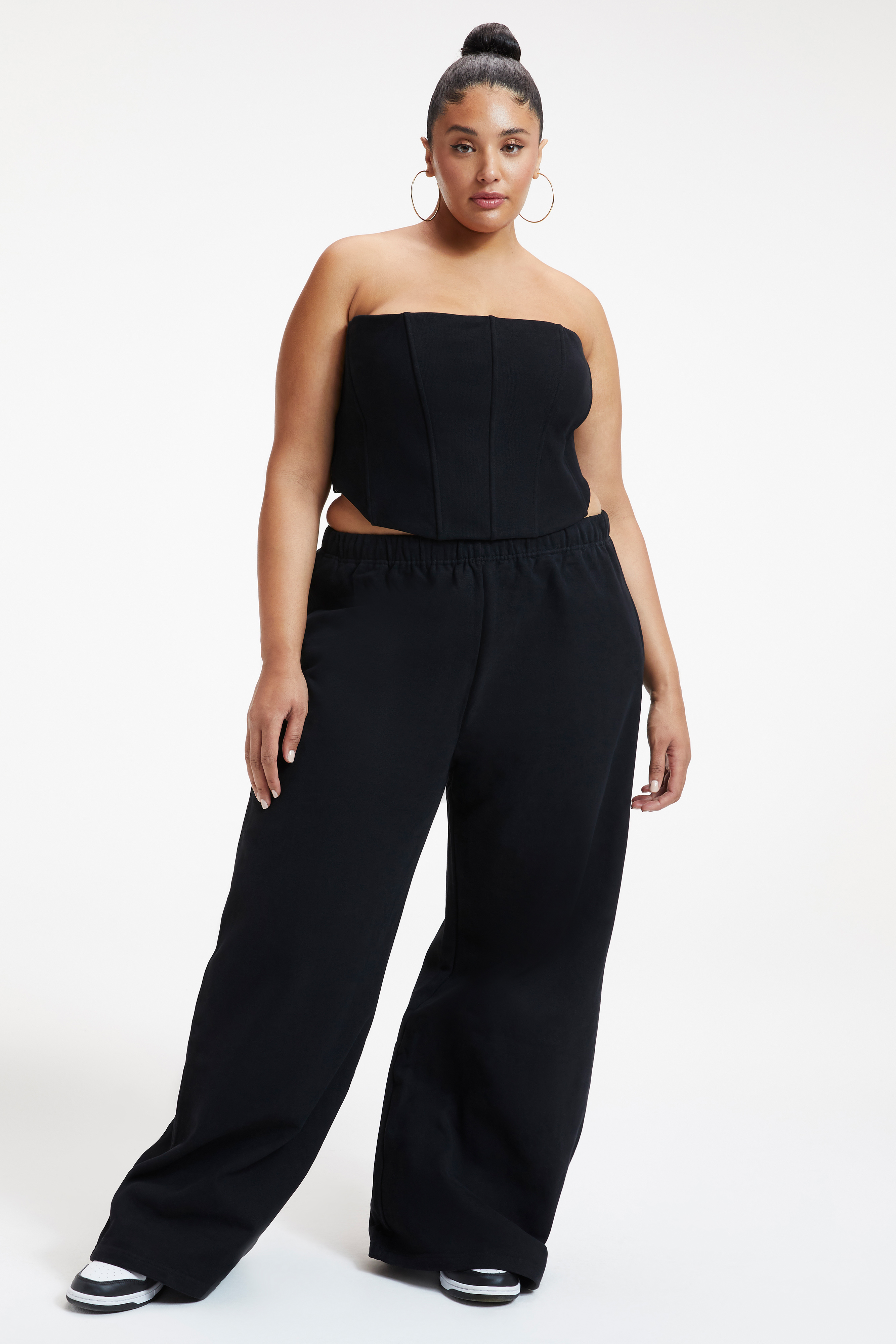 SUEDED FLEECE CORSET TOP in BLACK001 styled with our SUEDED FLEECE EXTRA WIDE LEG in BLACK001, or FLARE LEGGINGS in BLACK001