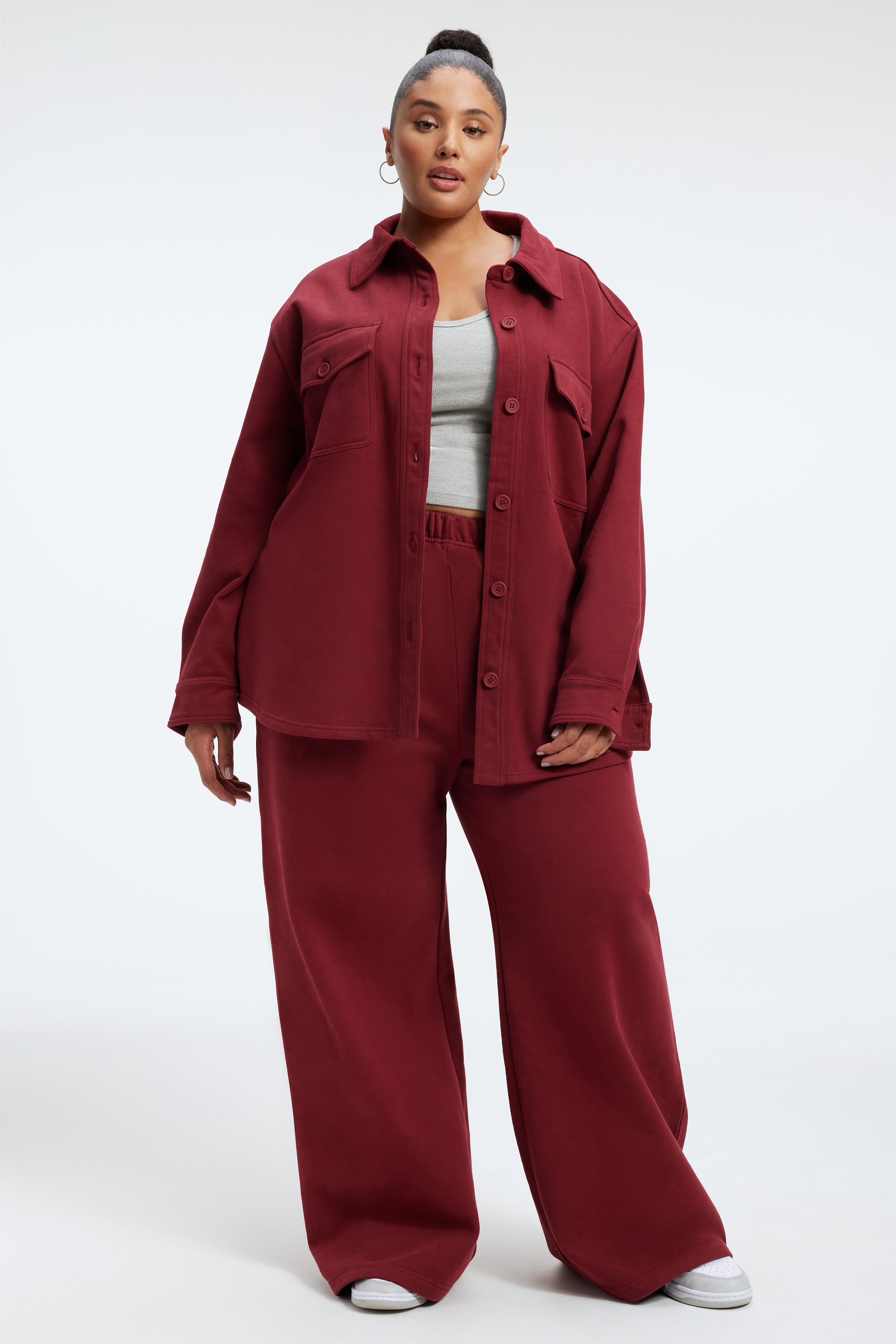 SUEDED FLEECE SHACKET in TEAM CARDINAL001 styled with our SUEDED FLEECE EXTRA WIDE LEG in TEAM CARDINAL001, FLARE LEGGINGS in HEATHER GREY001, or FITTED SCOOP NECK TANK in HEATHER GREY001