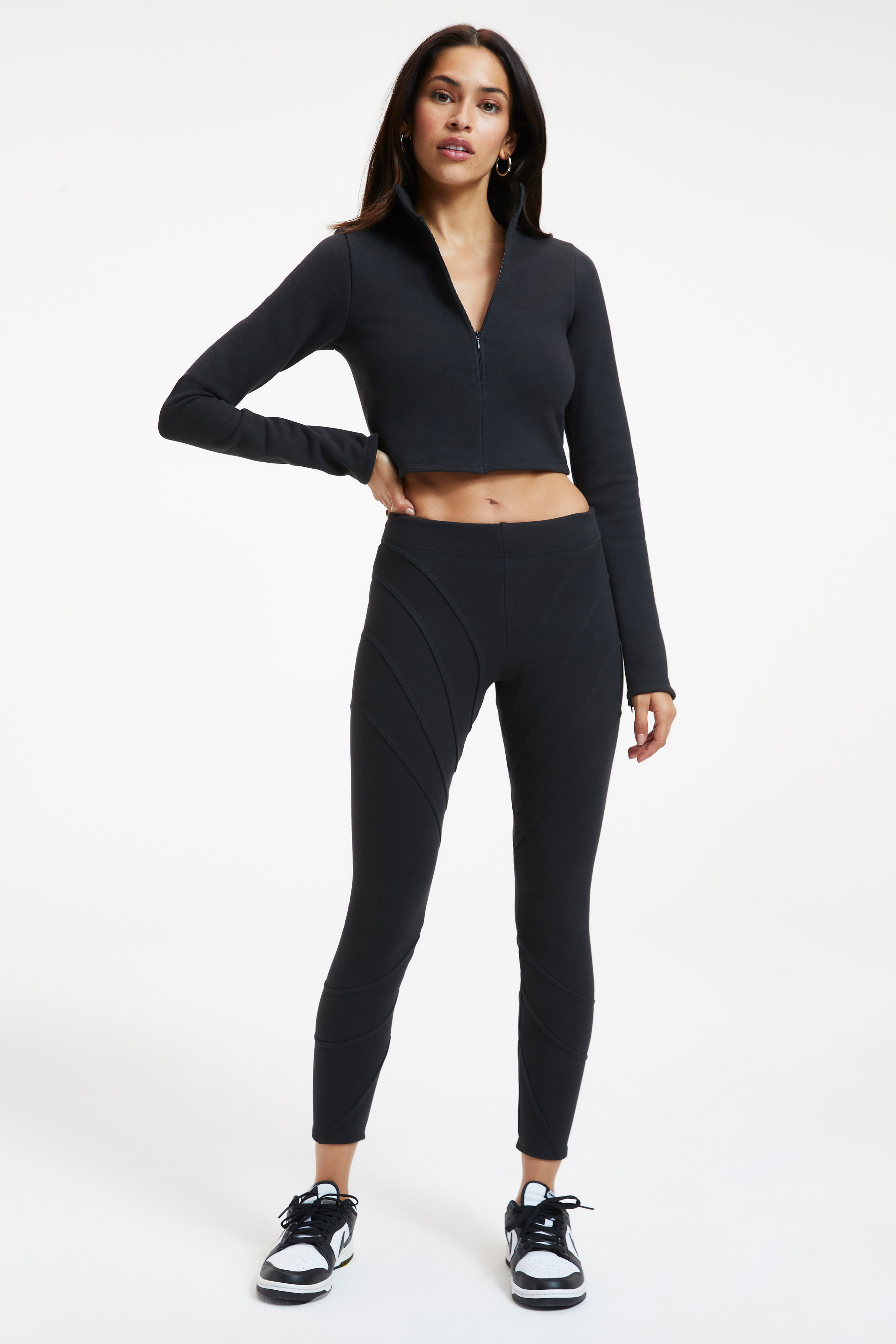 CORSET LEGGINGS in BLACK001 styled with our CORSET TANK in BLACK001, or SUEDED FLEECE CORSET TOP in BLACK001