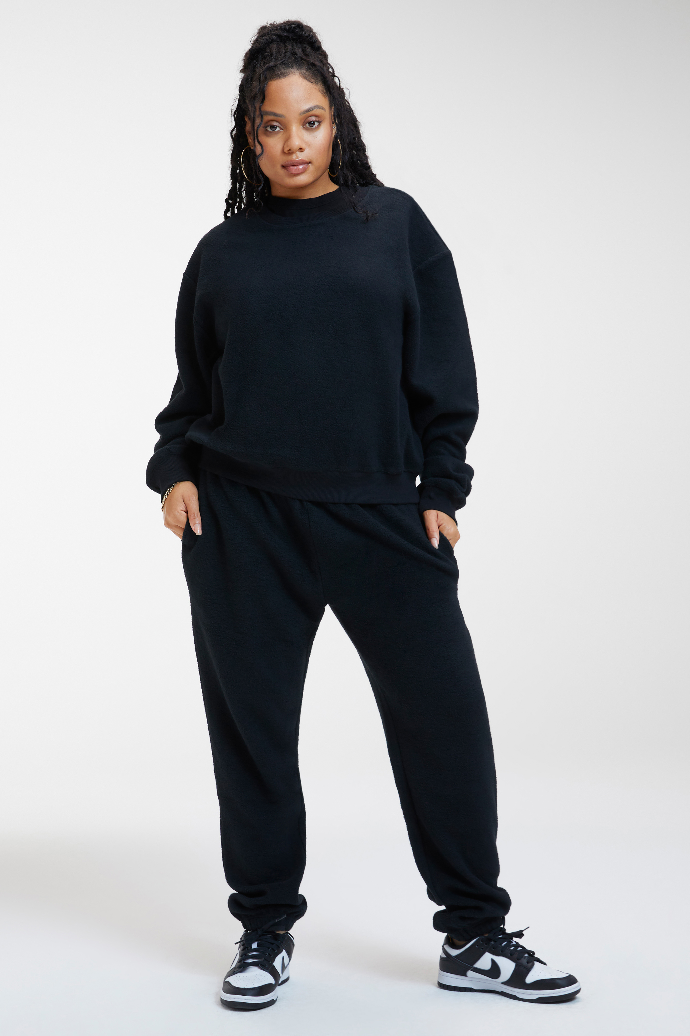 POLAR FLEECE BOYFRIEND SWEATPANT in BLACK001 styled with our POLAR FLEECE BOYFRIEND CREW in BLACK001, SCULPTED TEE in BLACK001, or SUEDED FLEECE CORSET TOP in BLACK001