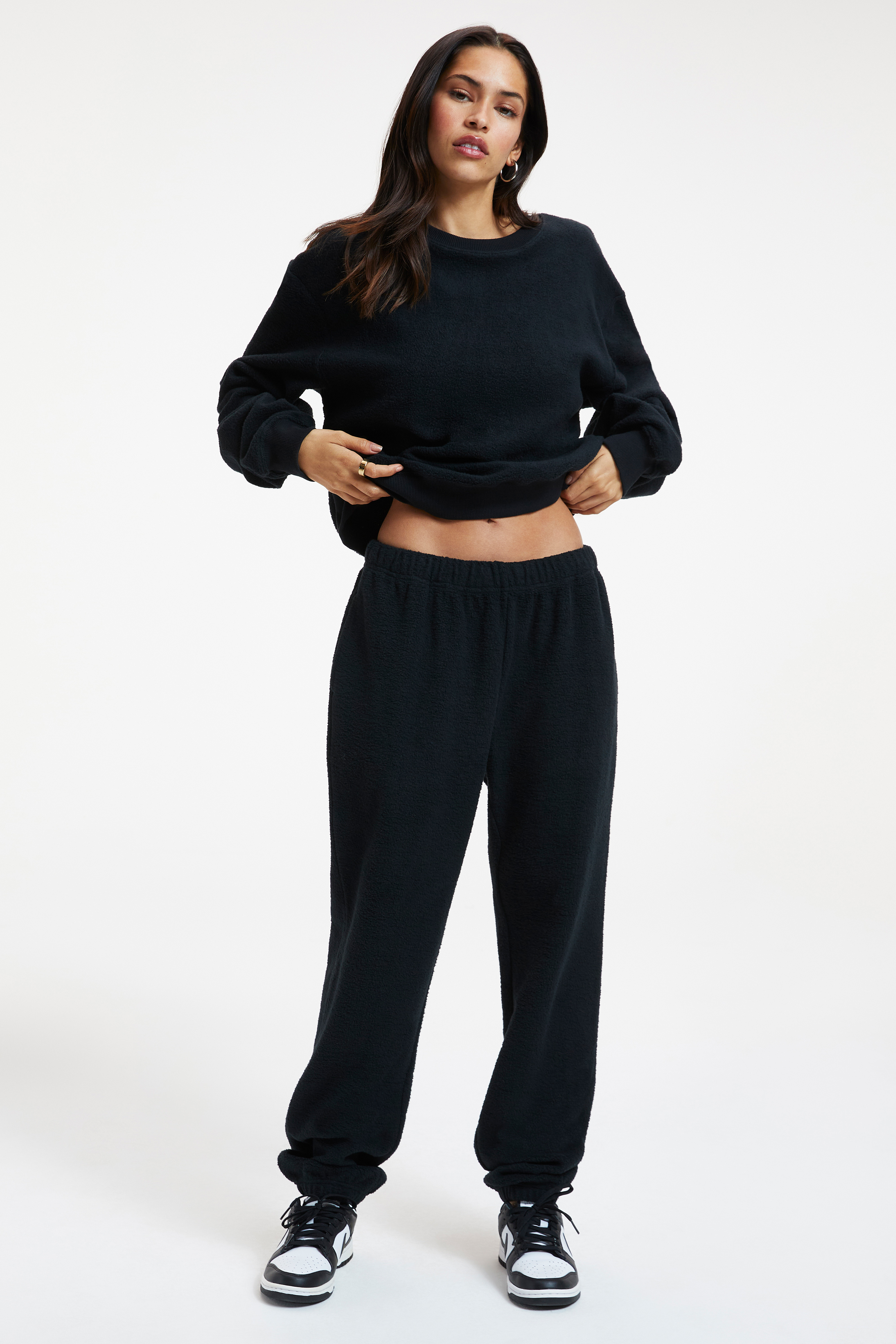 POLAR FLEECE BOYFRIEND CREW in BLACK001 styled with our POLAR FLEECE BOYFRIEND SWEATPANT in BLACK001, FLARE LEGGINGS in BLACK001, or SUEDED FLEECE EXTRA WIDE LEG in BLACK001