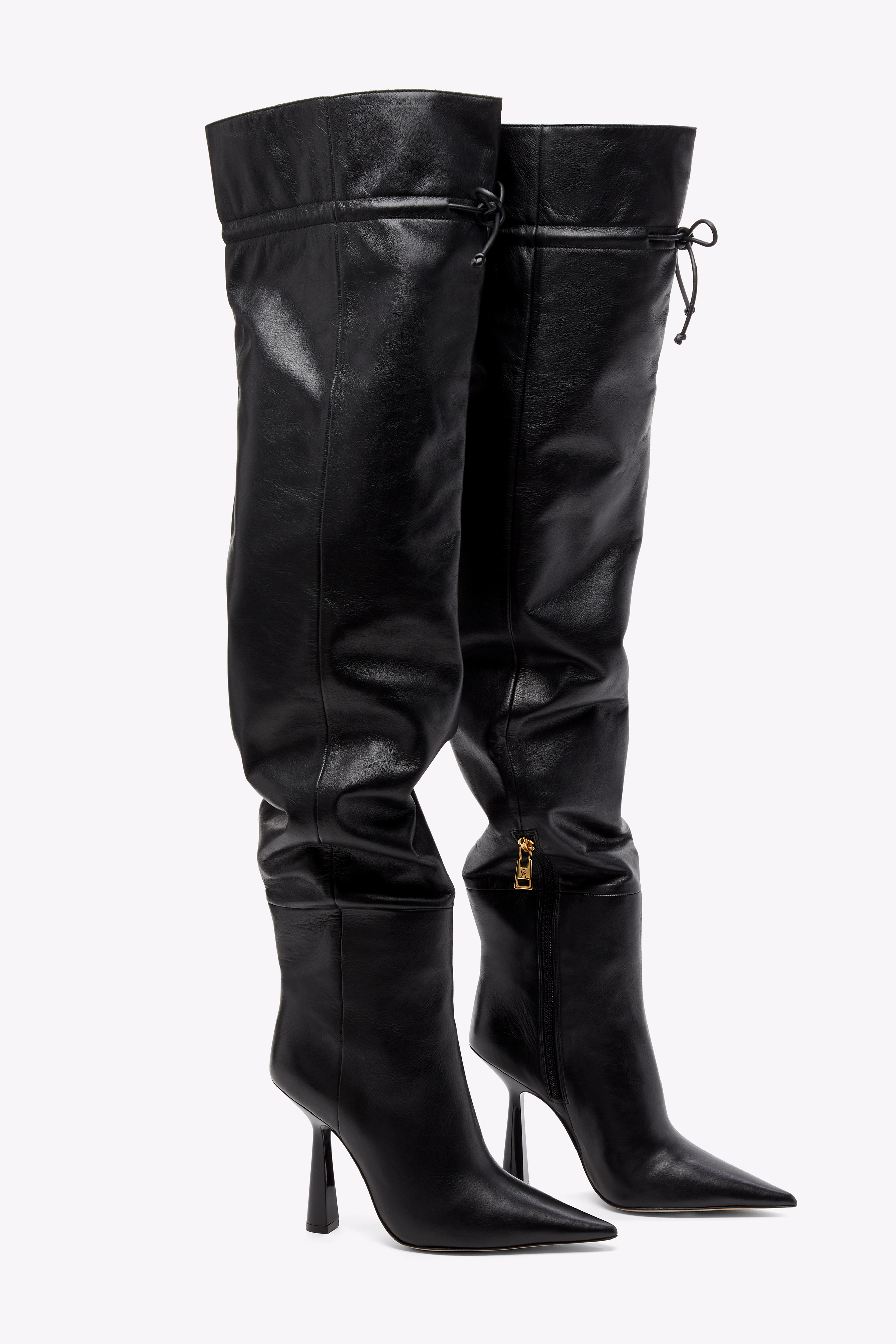 OVER THE KNEE BOOT in BLACK001 styled with our SATIN MINI SLIP DRESS in BLACK001,