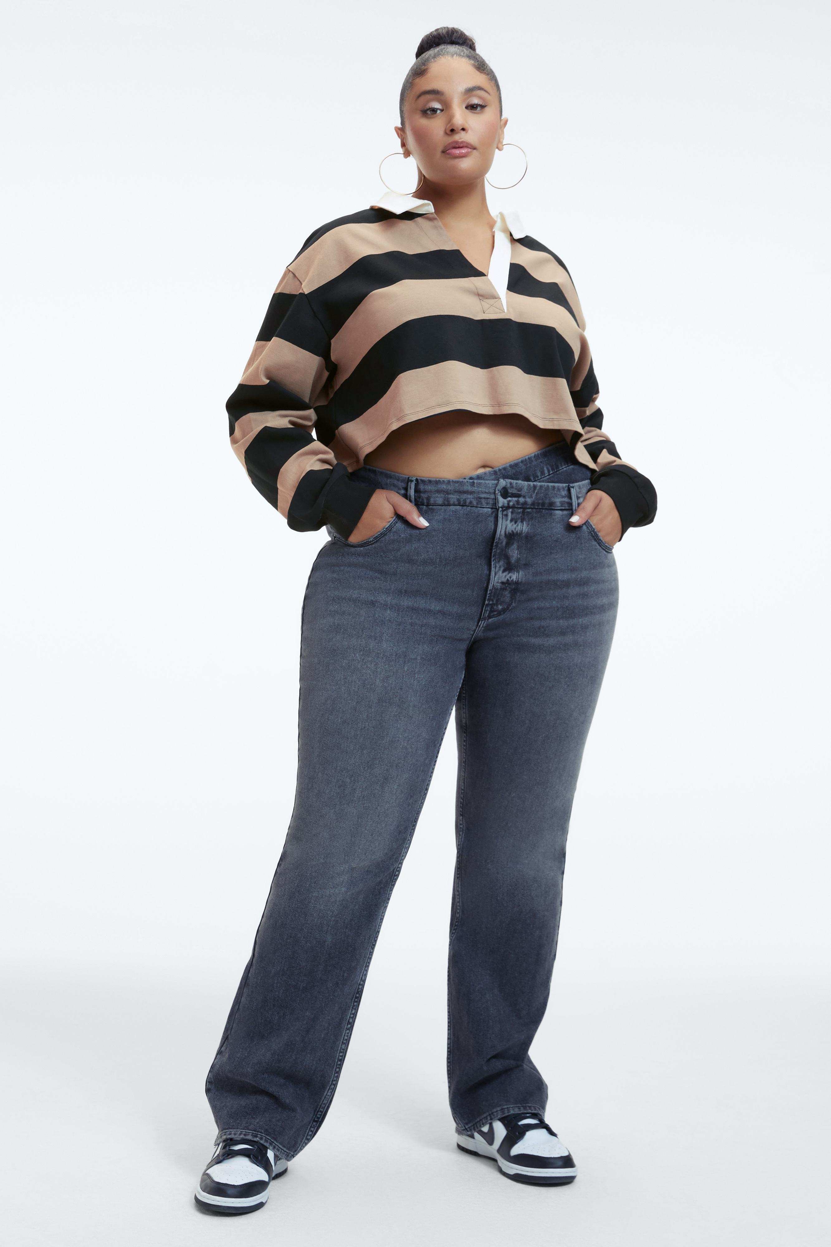 CROPPED RUGBY SHIRT in PUTTY & BLACK styled with our GOOD '90s JEANS in BLACK286, GOOD SKATE JEANS in BLACK274,