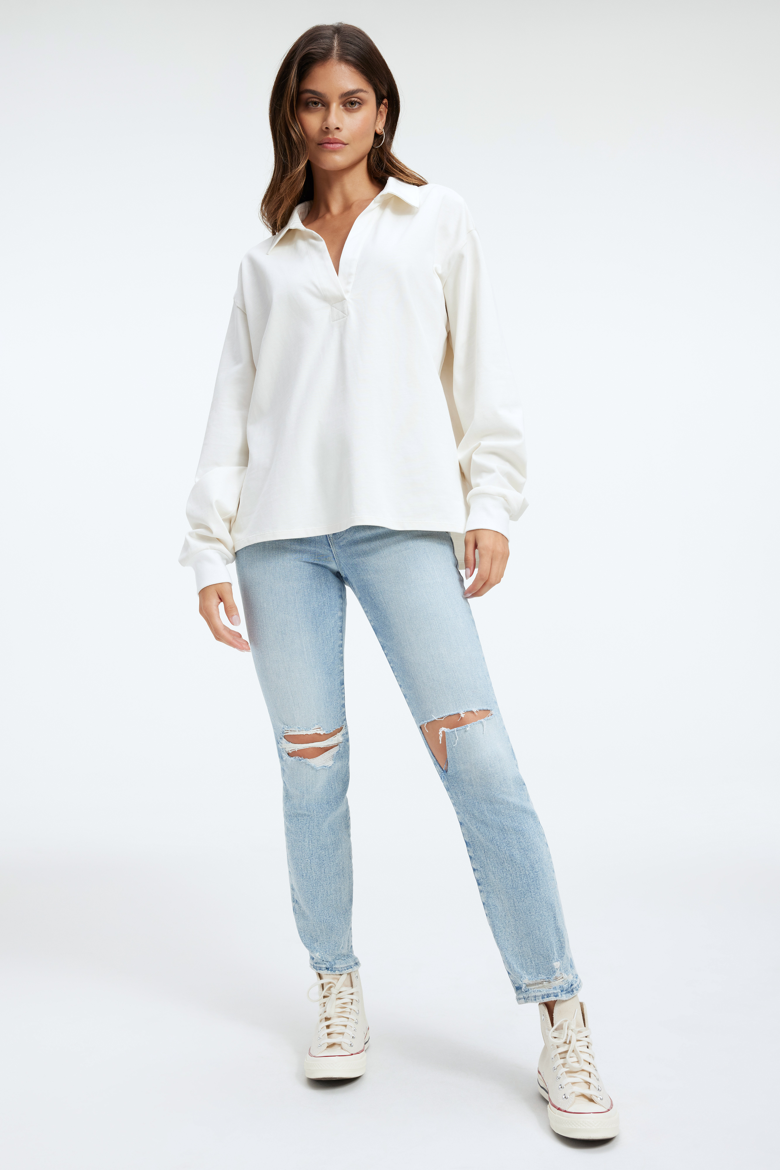 OVERSIZED RUGBY SHIRT in IVORY001 styled with our GOOD BOY JEANS in INDIGO117, or THE WEEKENDER JEANS in INDIGO248