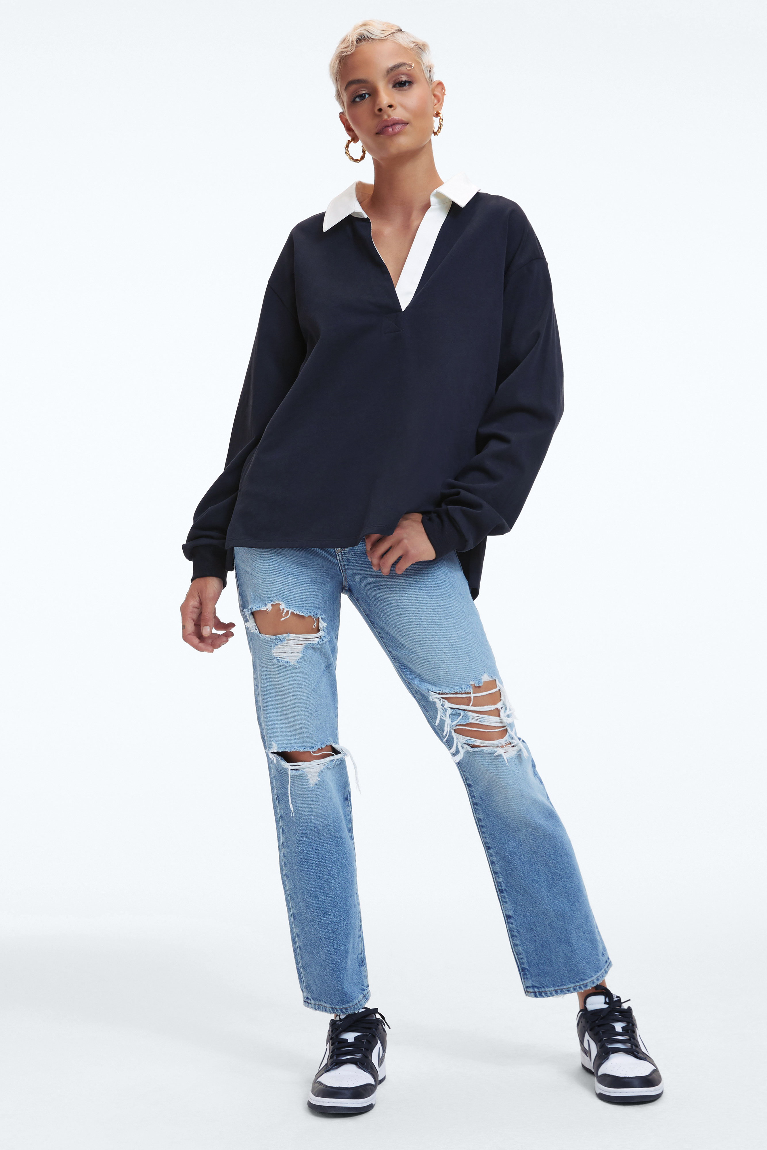 OVERSIZED RUGBY SHIRT in BLACK001 styled with our GOOD BOY JEANS in INDIGO244, THE WEEKENDER in INDIGO045,