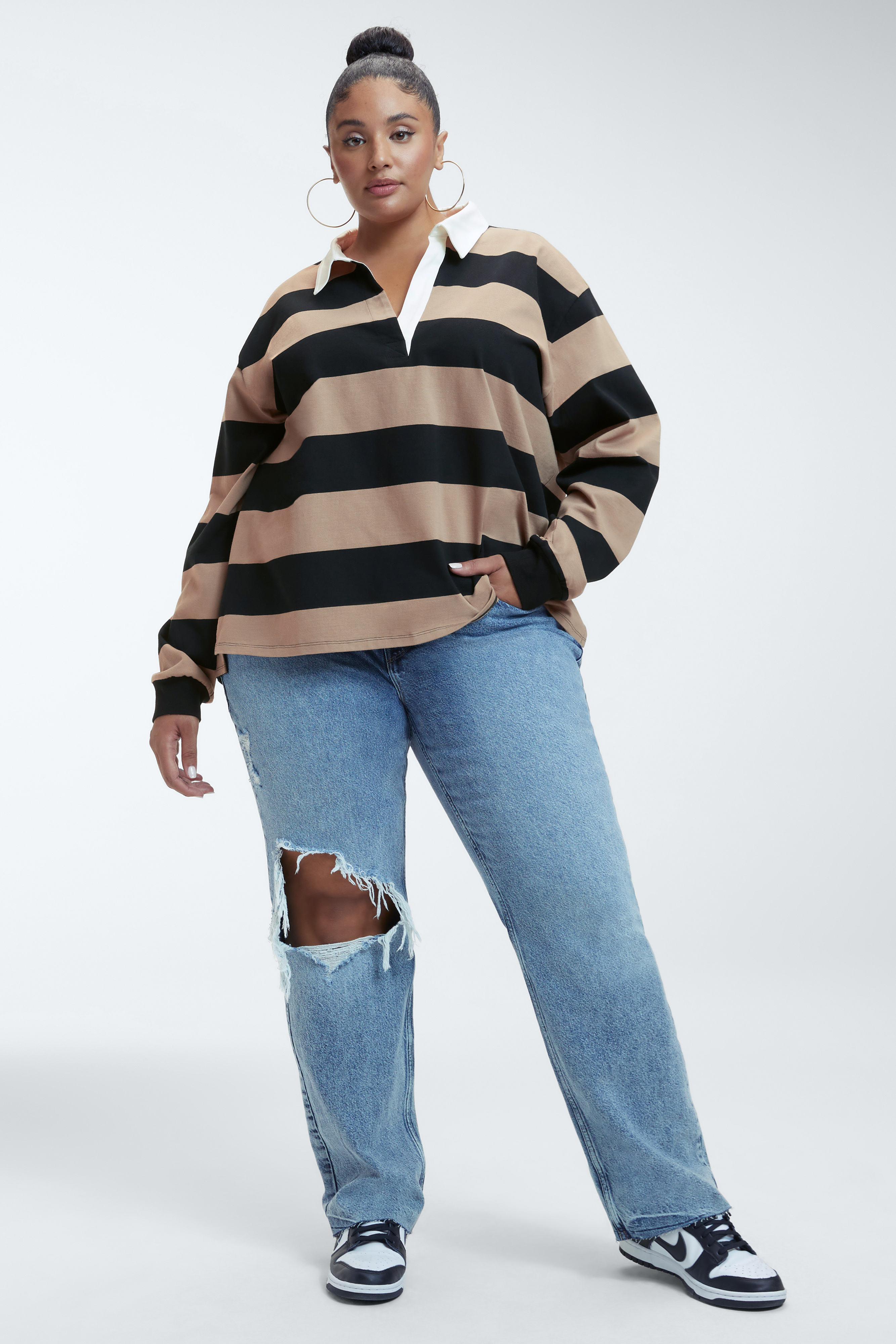OVERSIZED RUGBY SHIRT in PUTTY & BLACK styled with our GOOD '90s JEANS in INDIGO245, GOOD 90s JEANS in INDIGO301, or GOOD '90s JEANS in INDIGO244