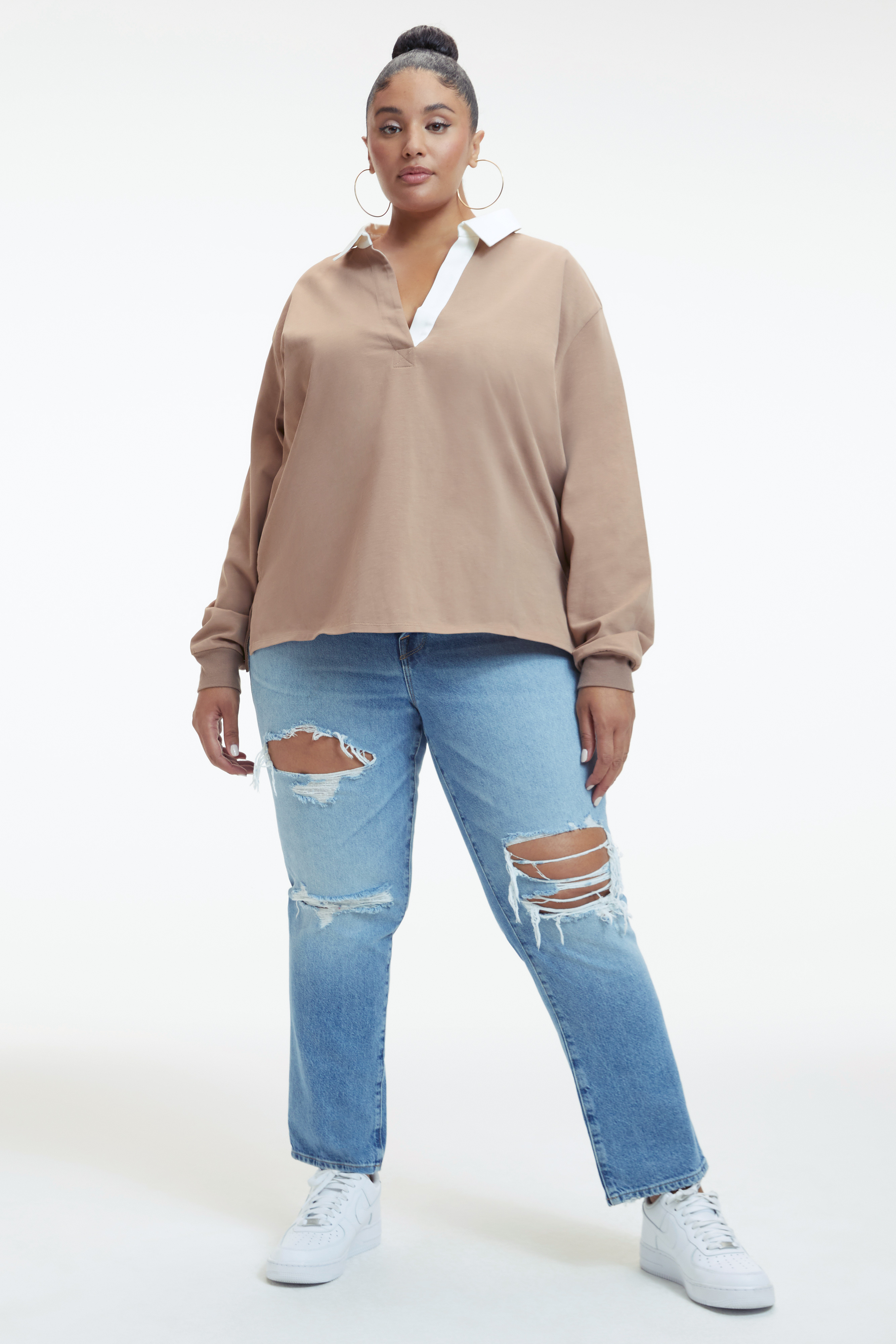 OVERSIZED RUGBY SHIRT in PUTTY001 styled with our GOOD BOY JEANS in INDIGO244, GOOD BOY JEANS in INDIGO117, or GOOD BOY JEANS in INDIGO118