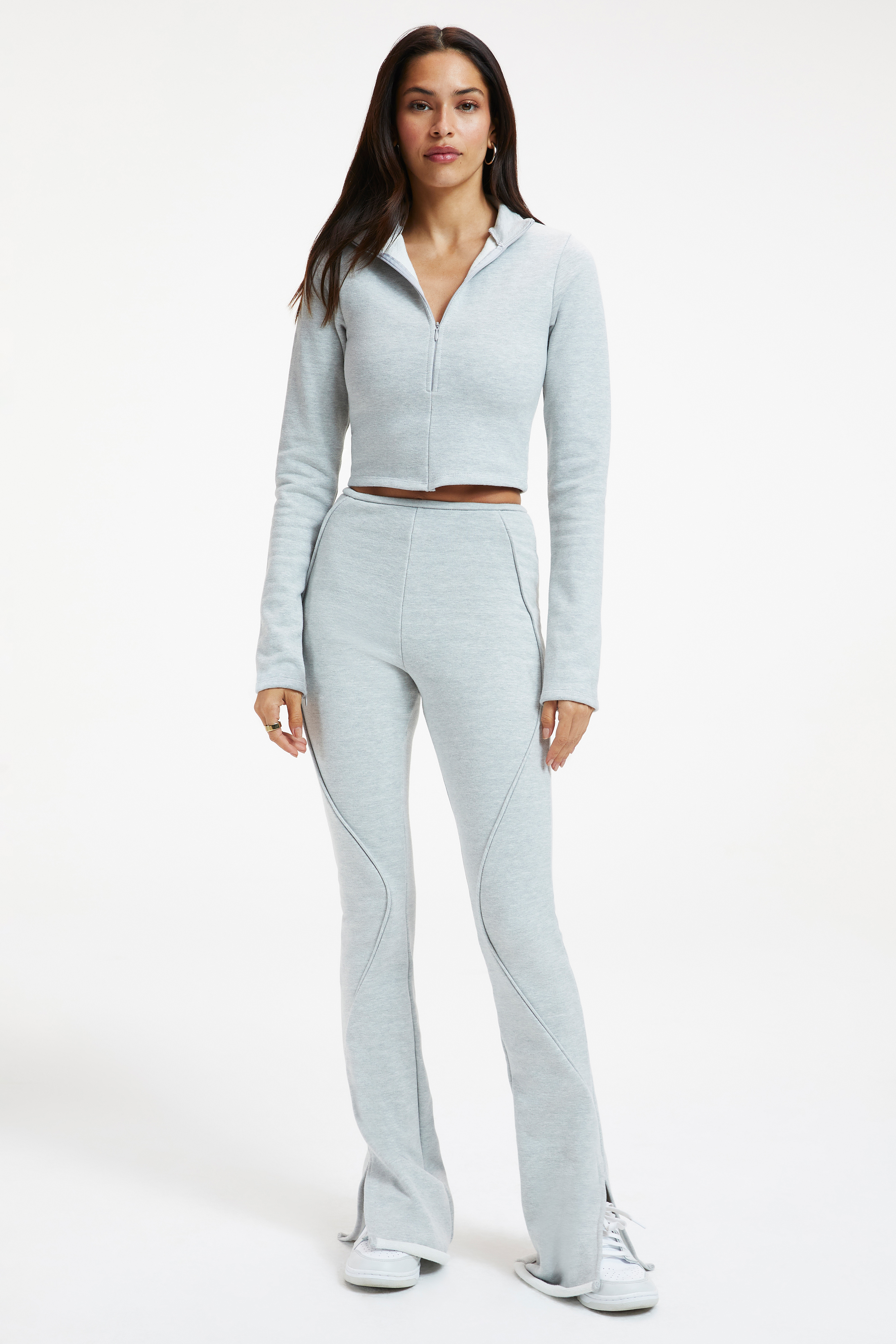 CROPPED ZIP UP MOCK NECK in HEATHER GREY001 styled with our FLARE LEGGINGS in HEATHER GREY001, or SUEDED FLEECE WIDE LEG SWEATPANT in HEATHER GREY001