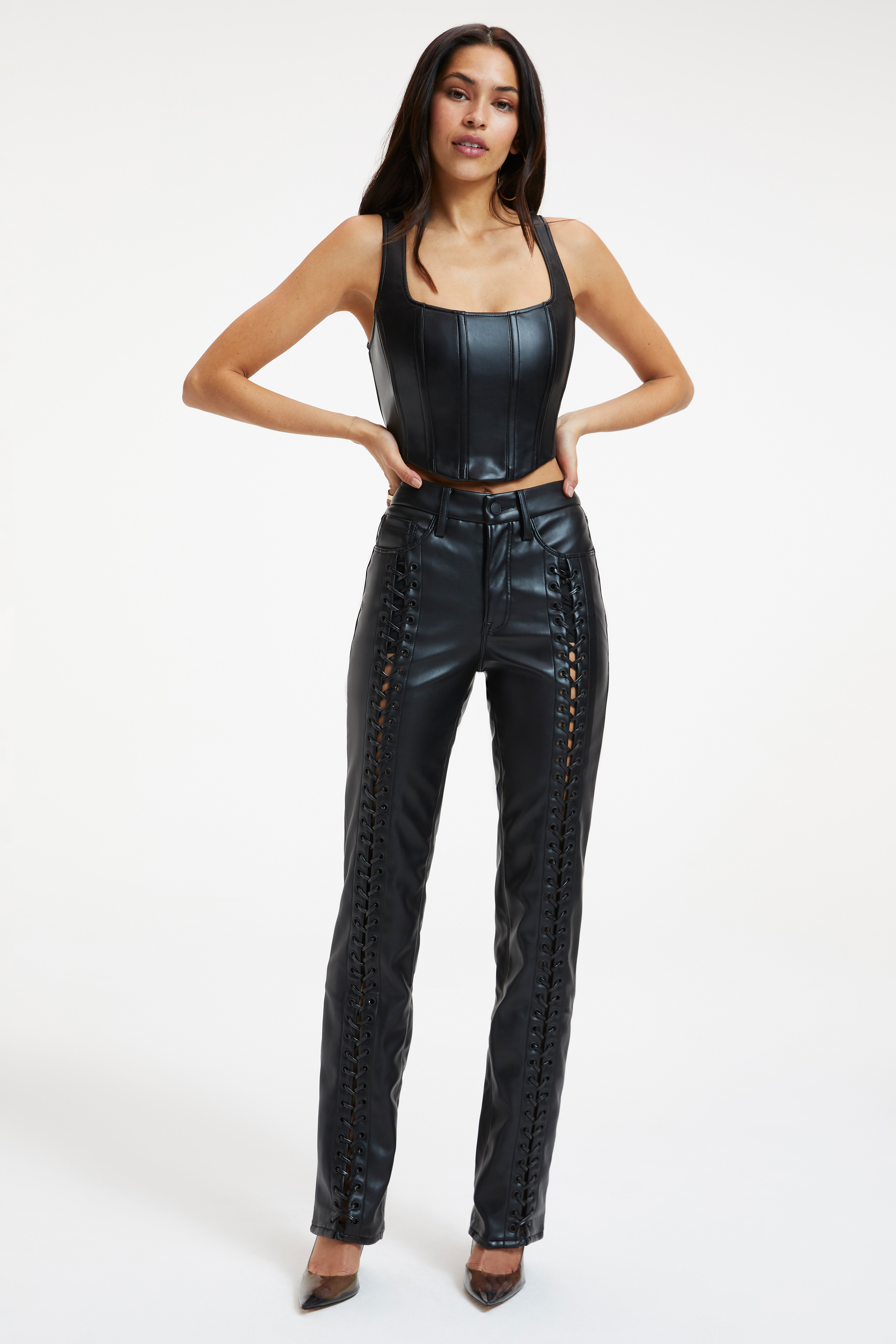 FAUX LEATHER CORSET in BLACK001 styled with our GOOD ICON FAUX LEATHER LACE UP PANTS in BLACK001,