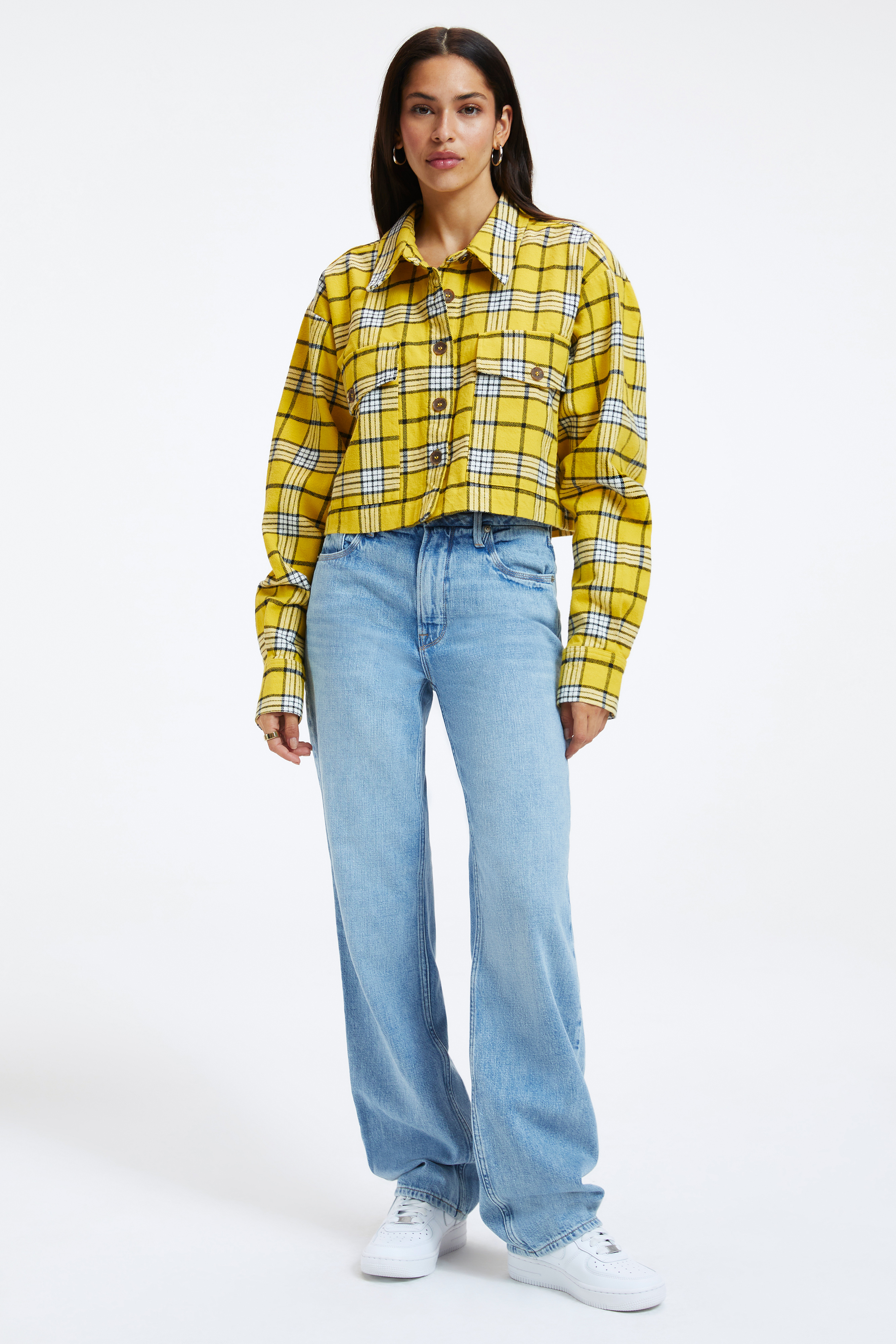 CROPPED PLAID SHIRT in EMORY & BLACK styled with our WEIGHTLESS GOOD '90s in INDIGO210, WEIGHTLESS WIDE LEG PANT in INDIGO210, or WEIGHTLESS CYBORG JEAN in INDIGO210