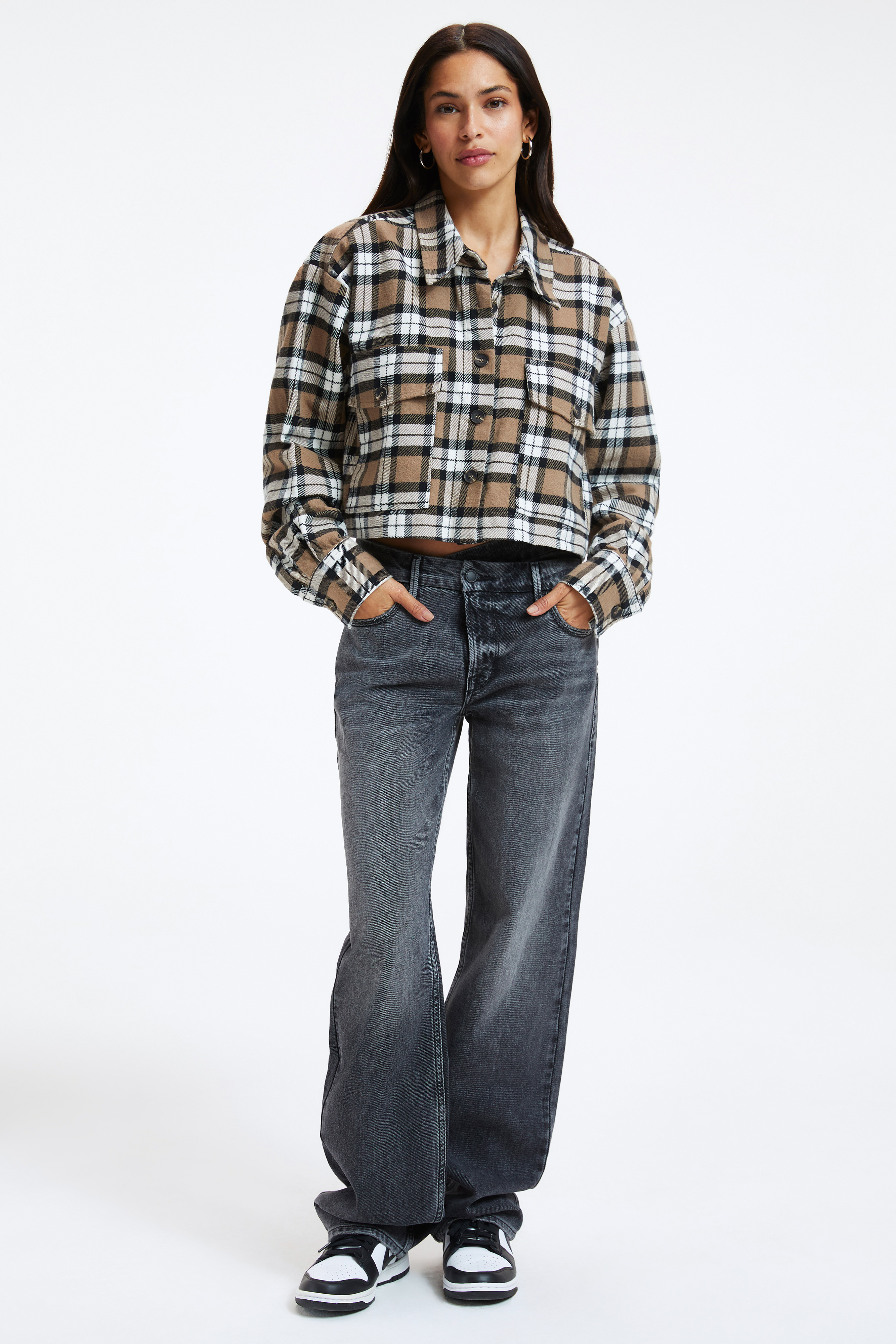 CROPPED PLAID SHIRT in PUTTY & BLACK styled with our GOOD SKATE JEANS in BLACK274, GOOD '90s JEANS in BLACK286,