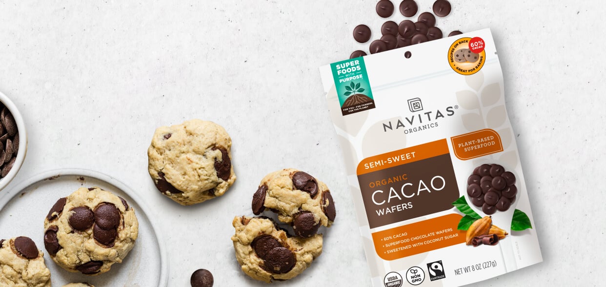 Navitas Organics Semi-sweet Cacao Wafers and chocolate chip cookies.