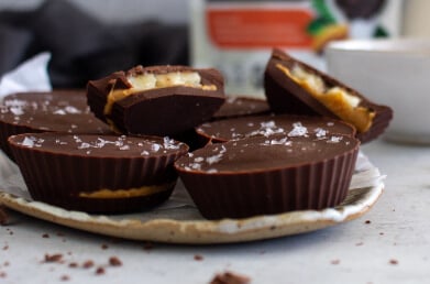 Chocolate peanut butter cups made with Navitas Organics Semi-sweet Cacao Wafers.