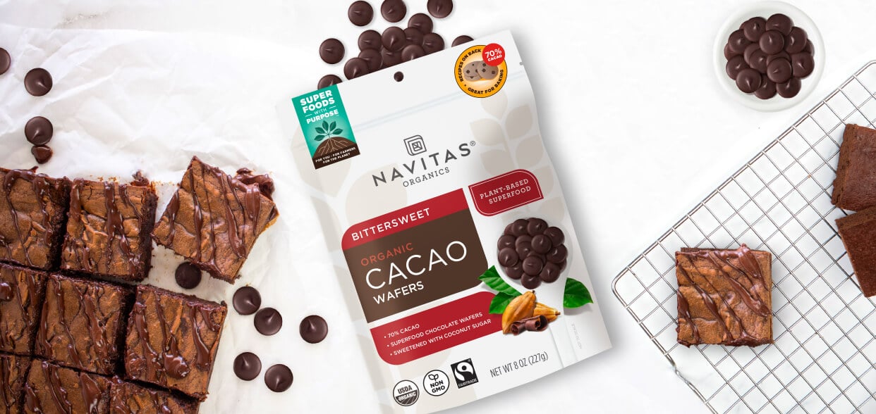 Navitas Organics Bittersweet Cacao Wafers and chocolate brownies.