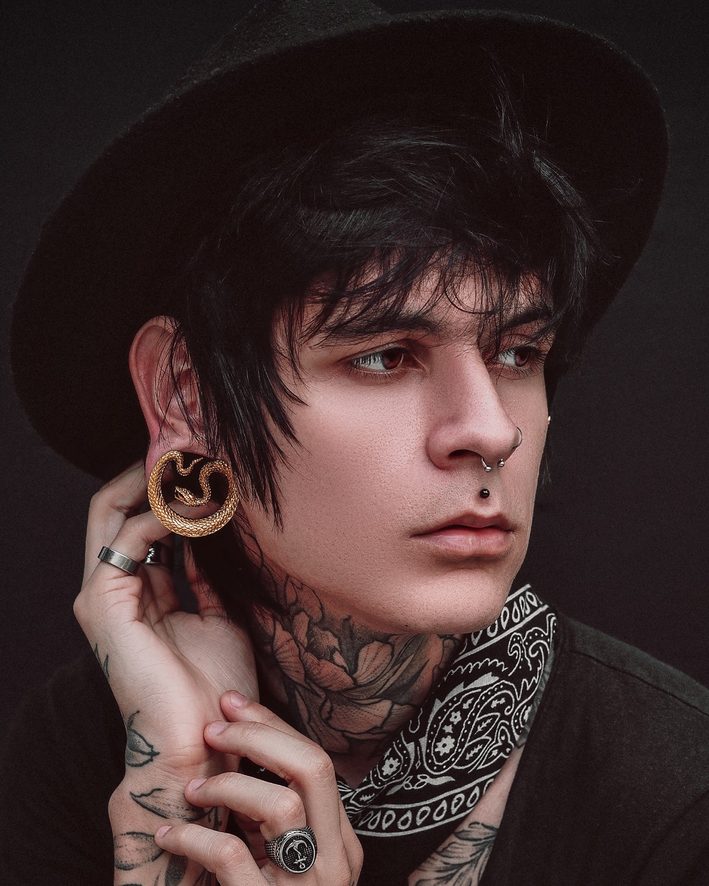 Guy wearing cool  Gold Snake Saddle Metal Ear Gauge / Plug