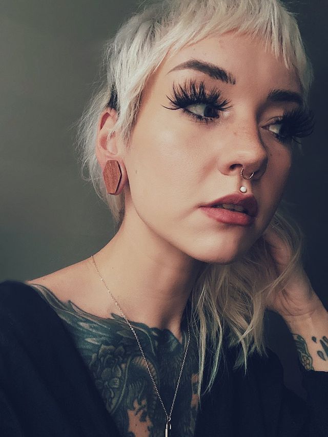 girl wearing cool  Saba Coffin Wood Ear Plug / Gauge