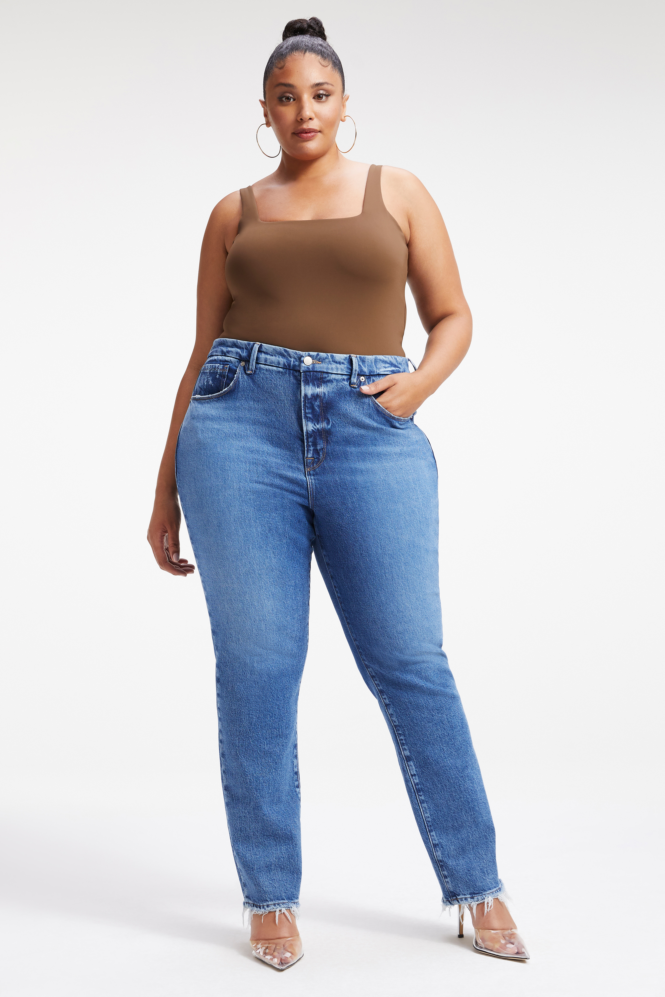 SCUBA MODERN TANK BODYSUIT in LIGHT MOCHA004 styled with our GOOD LEGS JEANS in INDIGO004, GOOD LEGS JEANS in INDIGO005, or GOOD ICON JEANS in INDIGO159